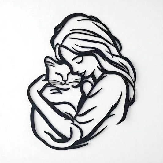 Cat Lover Metal Wall Art – Woman Hugging Cat Silhouette