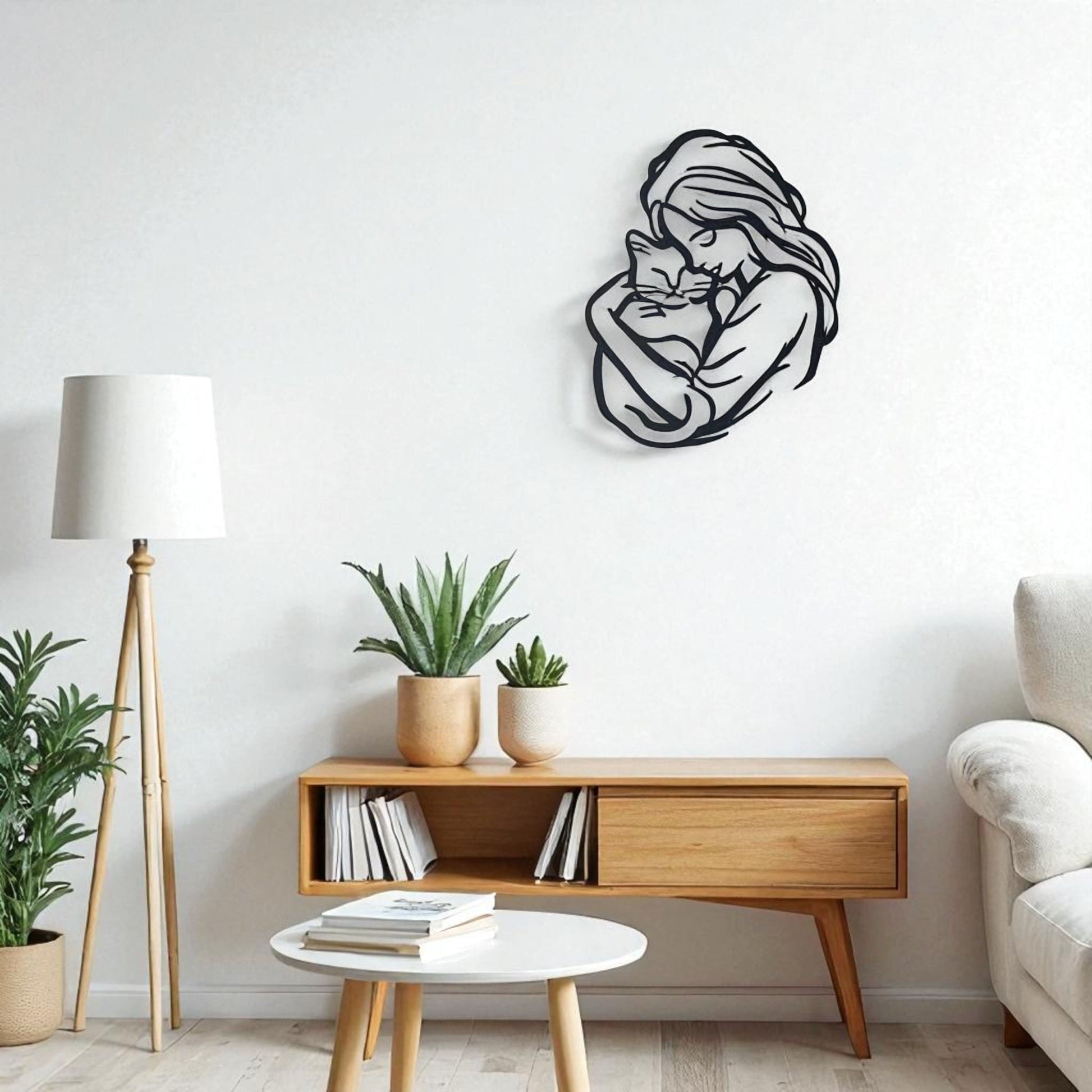 Cat Lover Metal Wall Art – Woman Hugging Cat Silhouette
