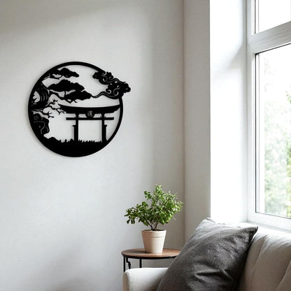 Torii Gate & Bonsai Tree Metal Wall Art – Japanese Samurai Decor
