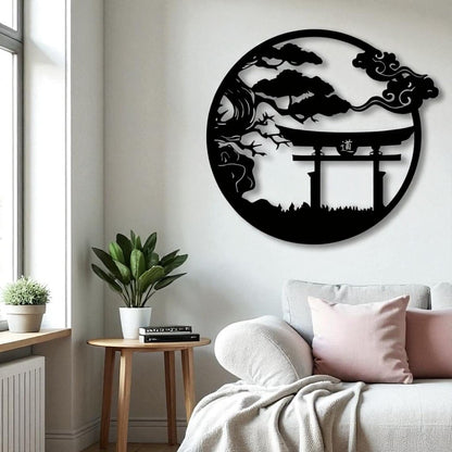 Torii Gate & Bonsai Tree Metal Wall Art – Japanese Samurai Decor