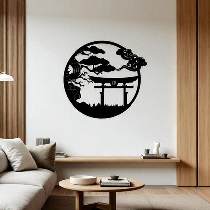 Torii Gate & Bonsai Tree Metal Wall Art – Japanese Samurai Decor