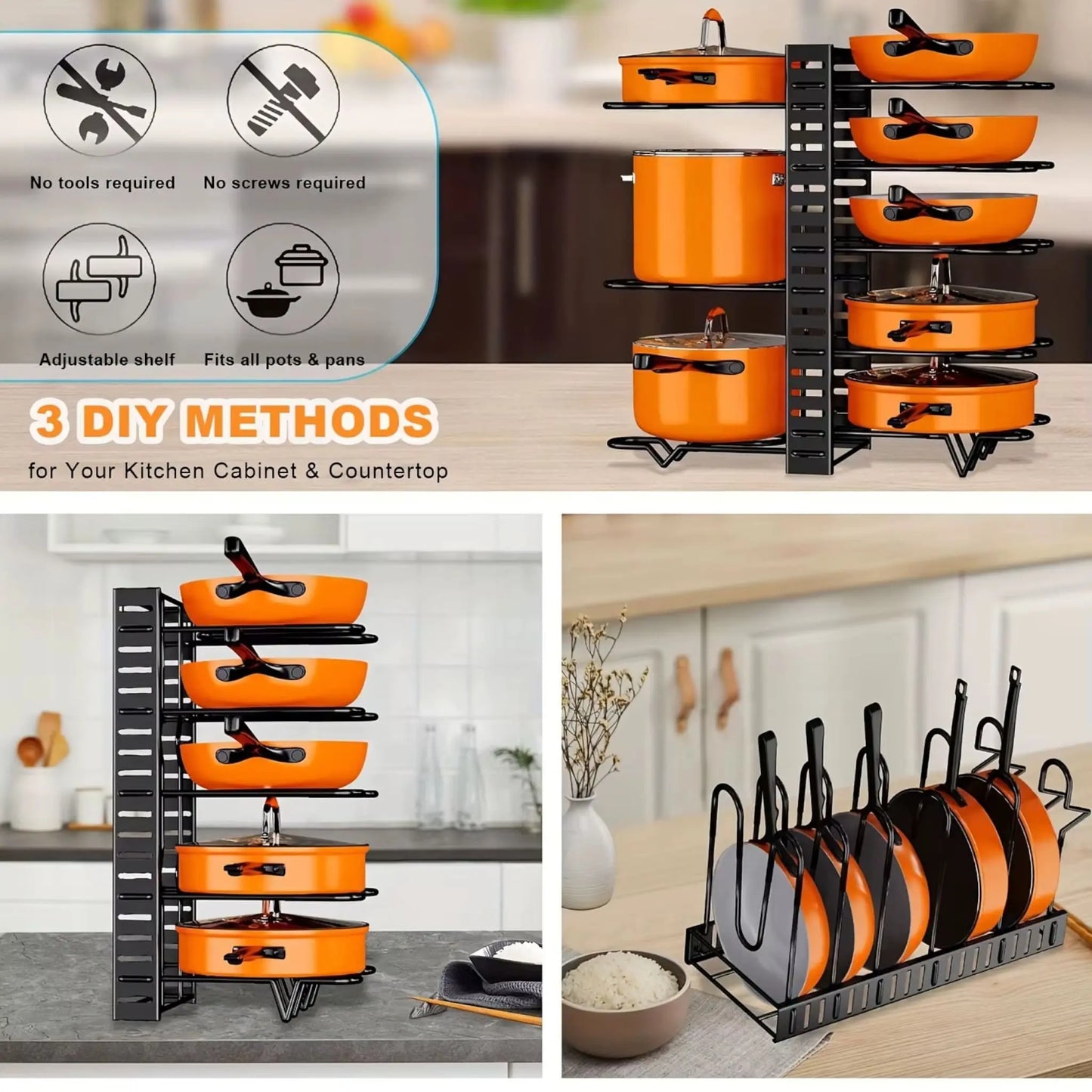 8-Tier Pot Rack Organizer | Space-Saving Kitchen Storage Geniogoods