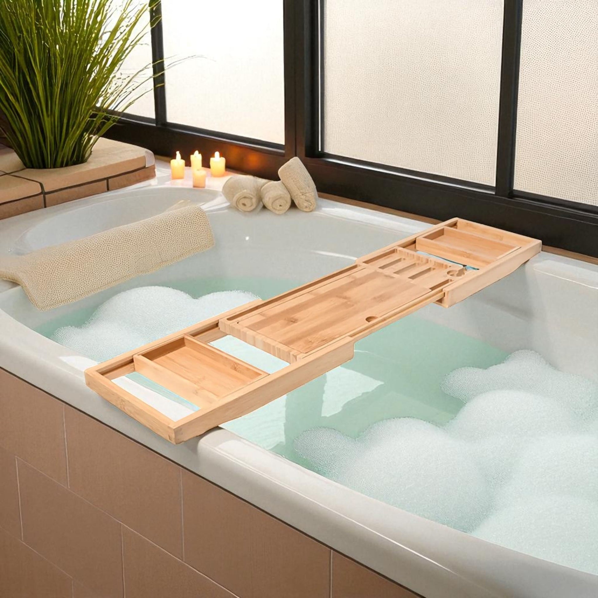 Bamboo bathtub caddy tray – adjustable spa shelf for wine & tablet  Geniogoods