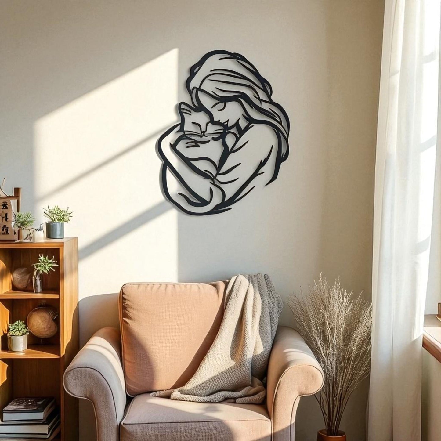Cat Lover Metal Wall Art – Woman Hugging Cat Silhouette
