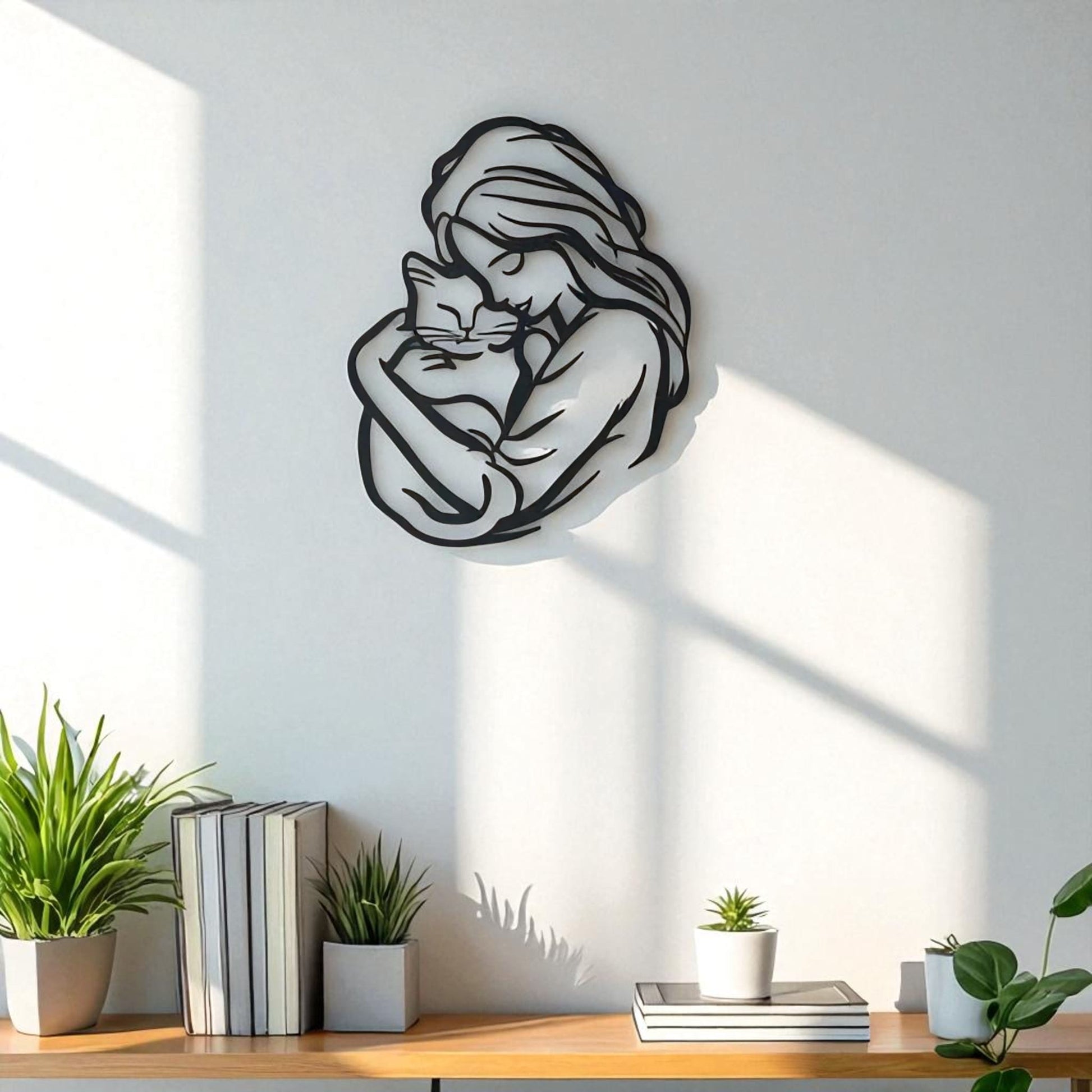 Cat Lover Metal Wall Art – Woman Hugging Cat Silhouette