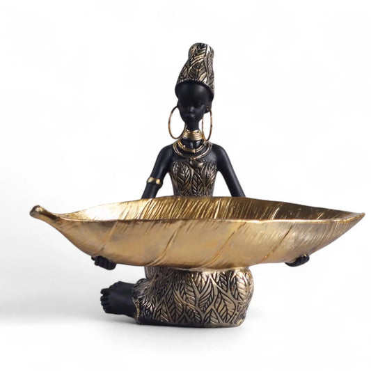 African Girl Sculpture with Golden Plate – Decorative Resin Storage Art  Geniogoods