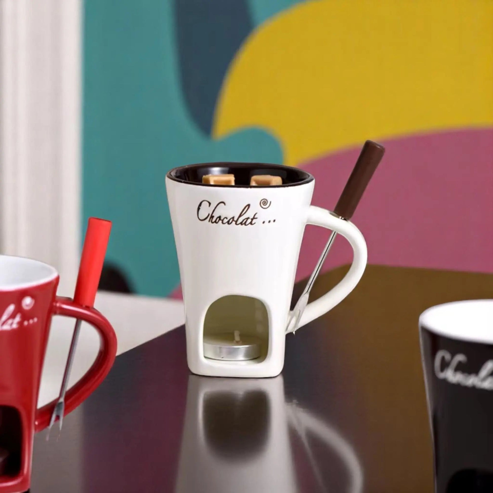 Ceramic Fondue Mug Set – Chocolate Melting Cup with Fork 🍫  Geniogoods