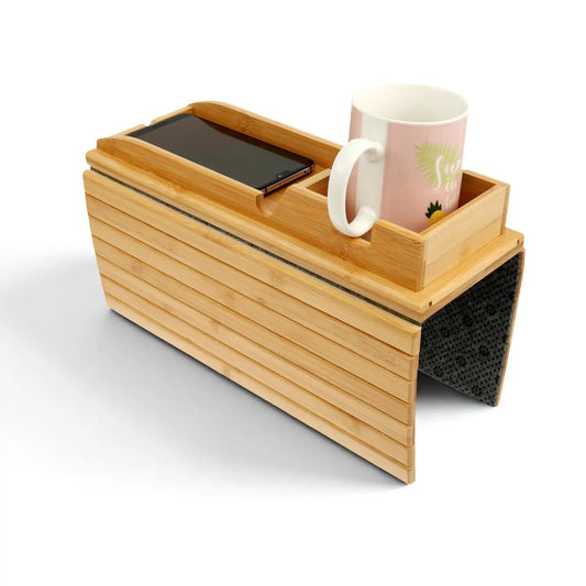 Couch cup holder bamboo tray – foldable sofa armrest tray with non-slip pad  Geniogoods