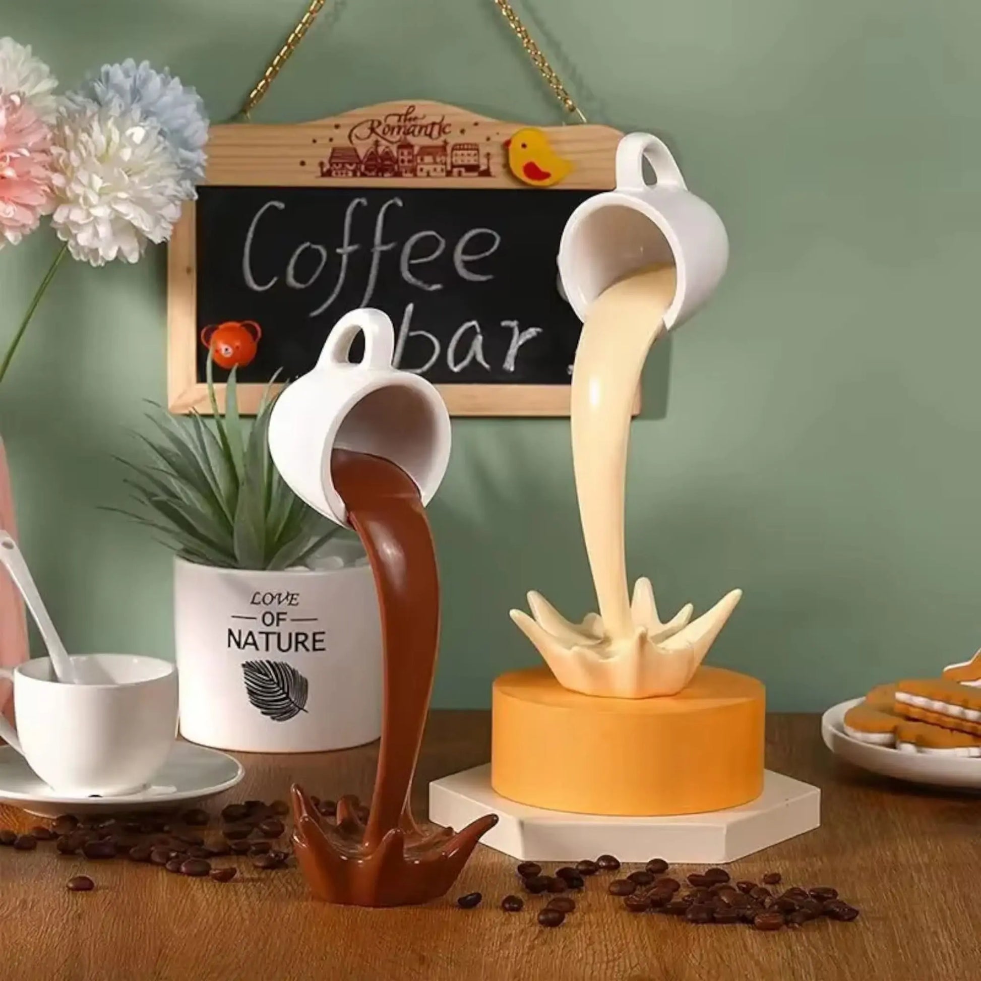 Floating Spilling Coffee Cup Sculpture – Gravity-Defying Coffee Decor  Geniogoods