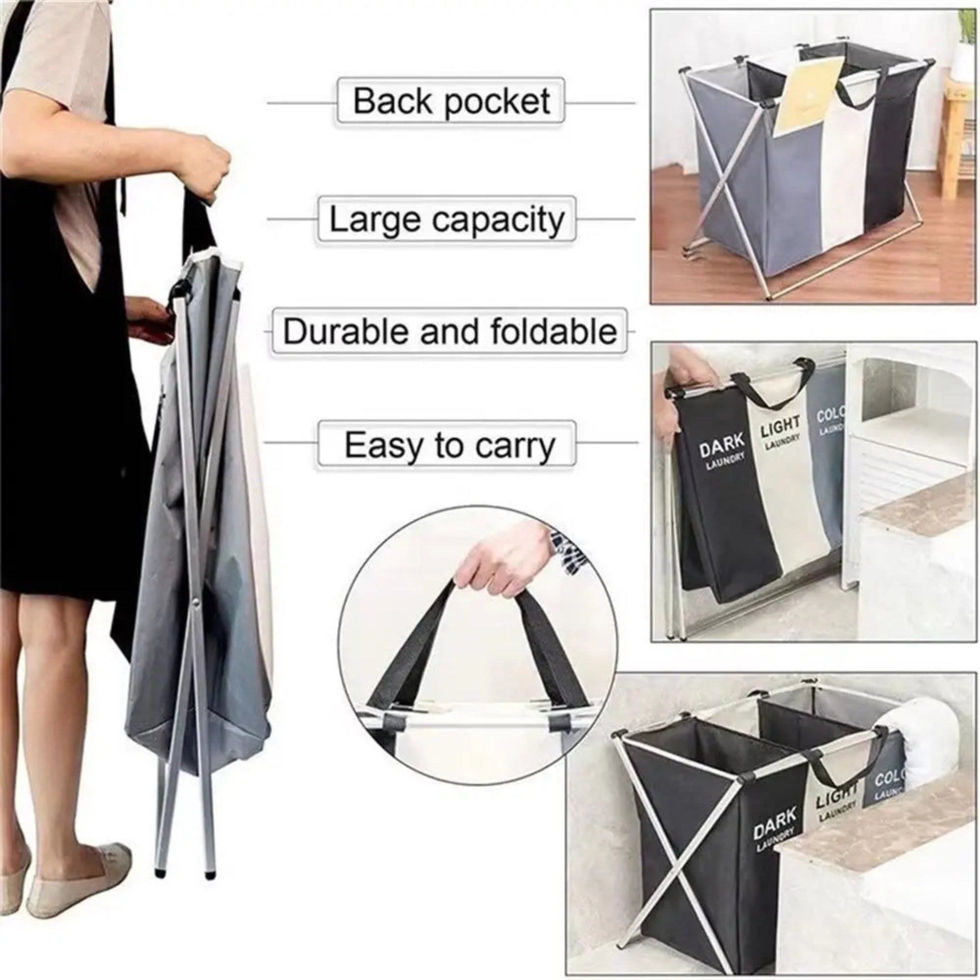 Foldable Laundry Basket - 3-Grid Waterproof Clothes Organizer