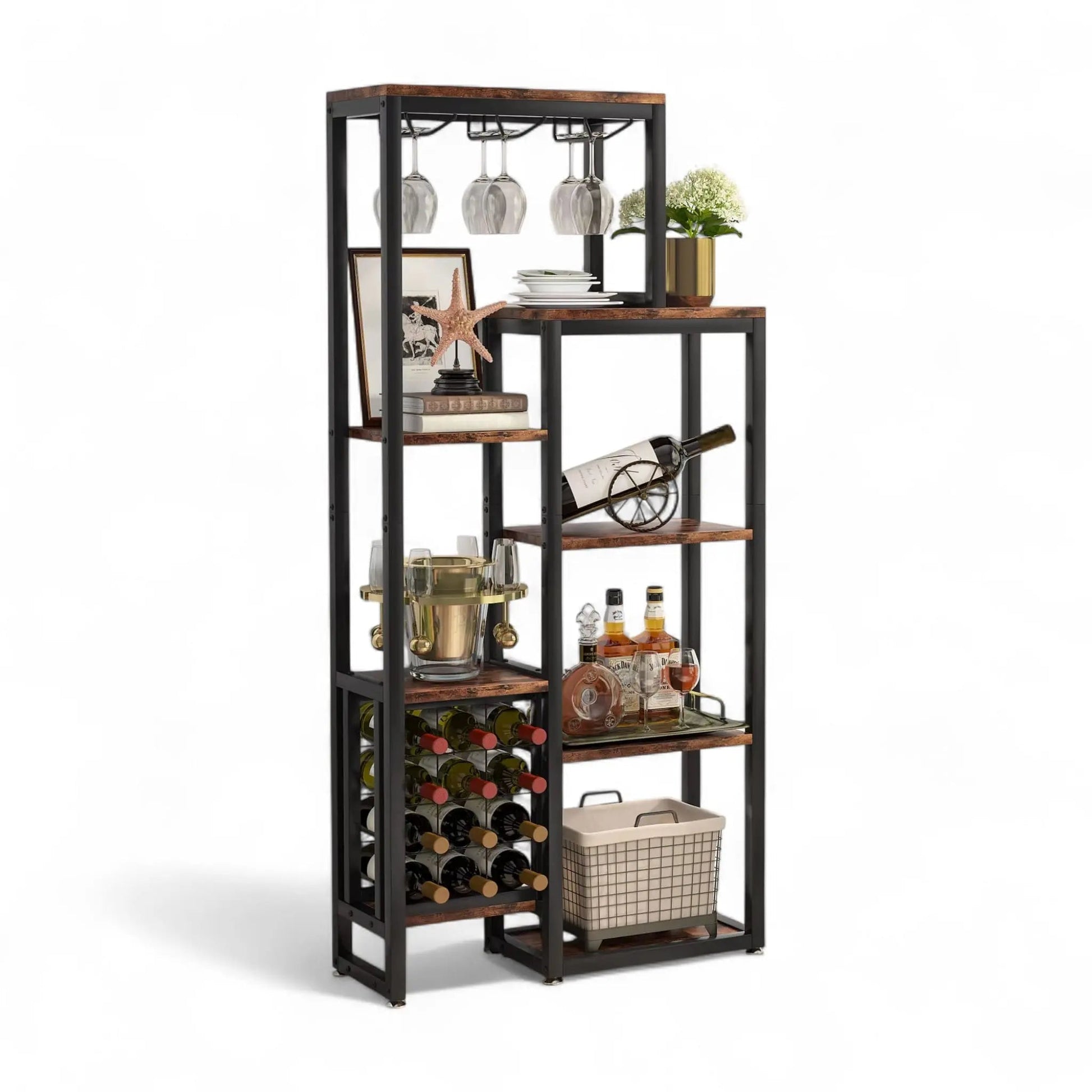 Freestanding Wine Rack with Glass Holder – 5-Tier Industrial Bar Shelf  Geniogoods