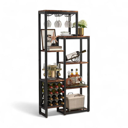 Freestanding Wine Rack with Glass Holder – 5-Tier Industrial Bar Shelf  Geniogoods