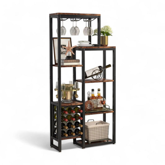 Freestanding Wine Rack with Glass Holder – 5-Tier Industrial Bar Shelf  Geniogoods