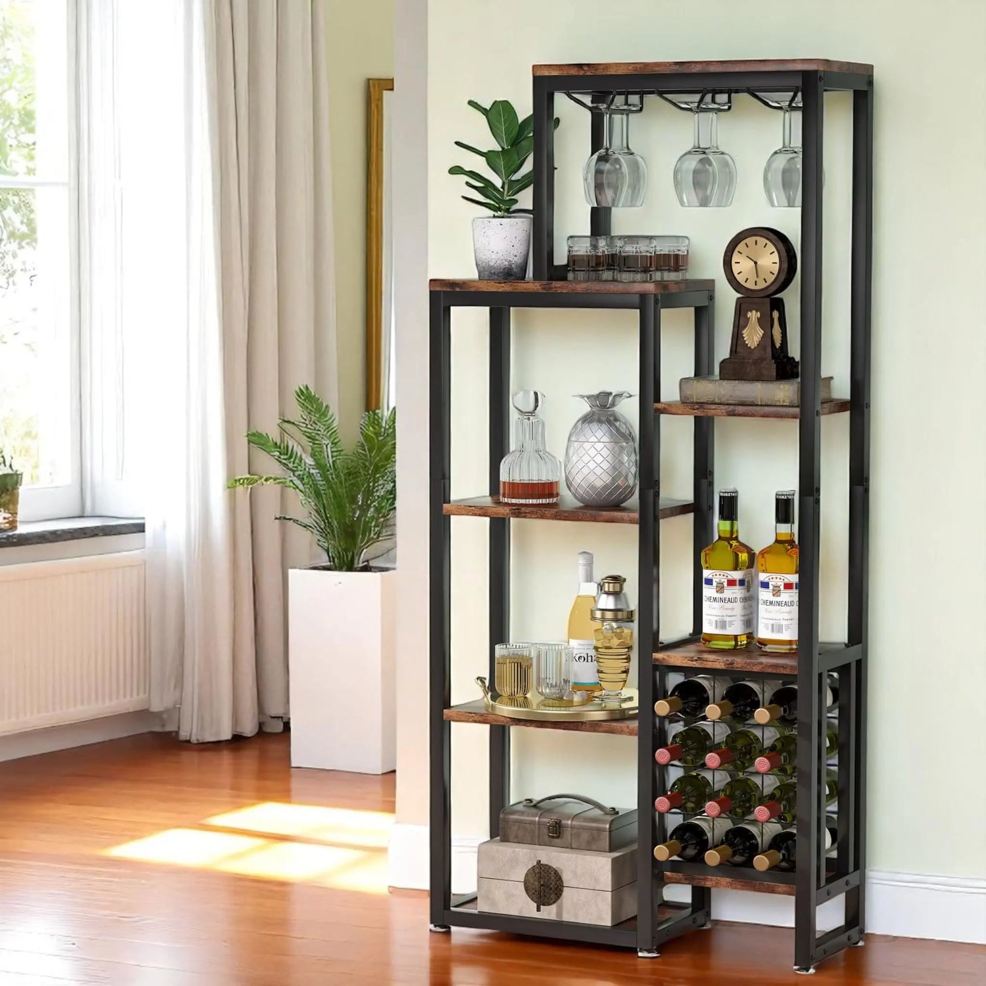 Freestanding Wine Rack with Glass Holder – 5-Tier Industrial Bar Shelf  Geniogoods