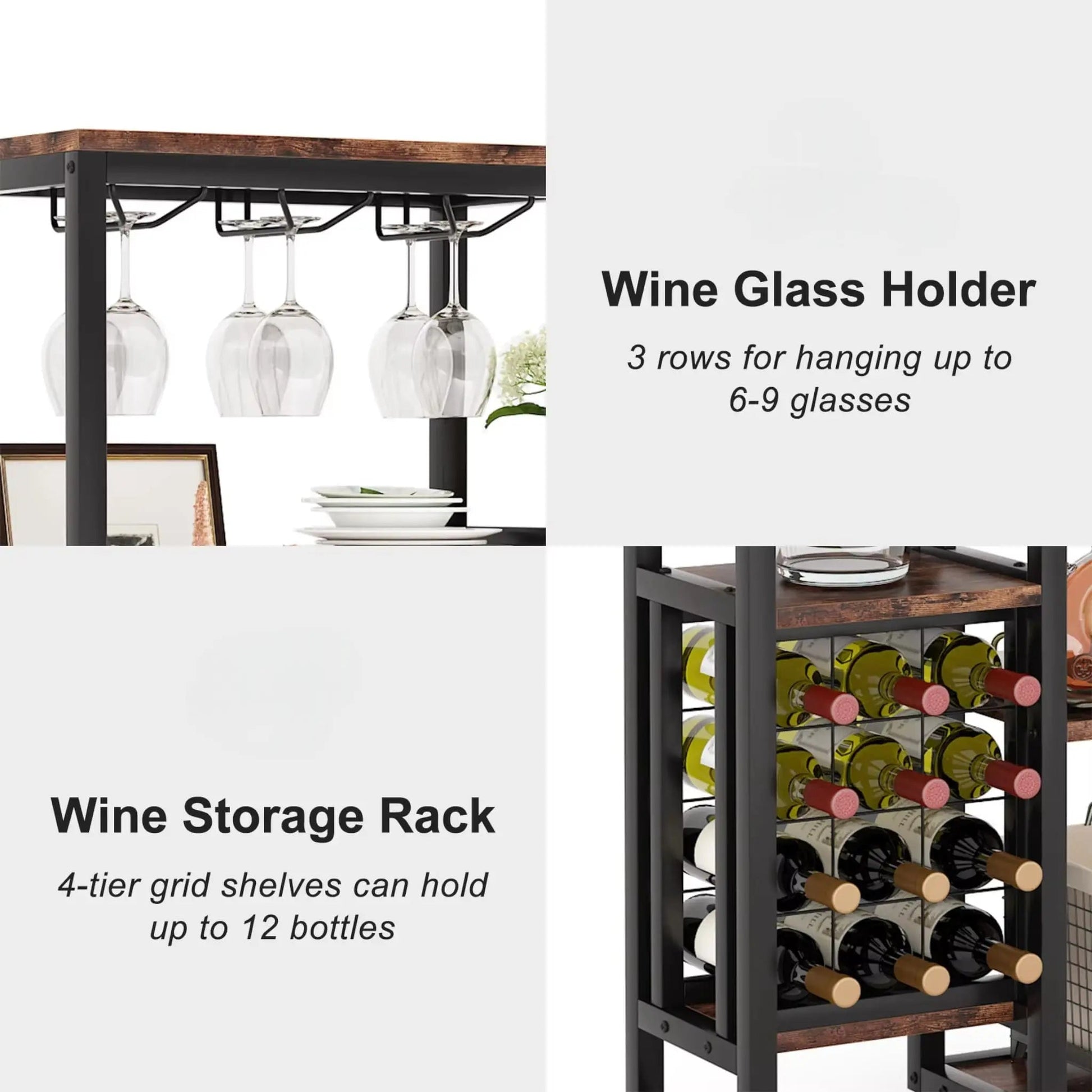 Freestanding Wine Rack with Glass Holder – 5-Tier Industrial Bar Shelf  Geniogoods