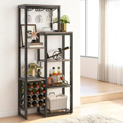 Freestanding Wine Rack with Glass Holder – 5-Tier Industrial Bar Shelf  Geniogoods