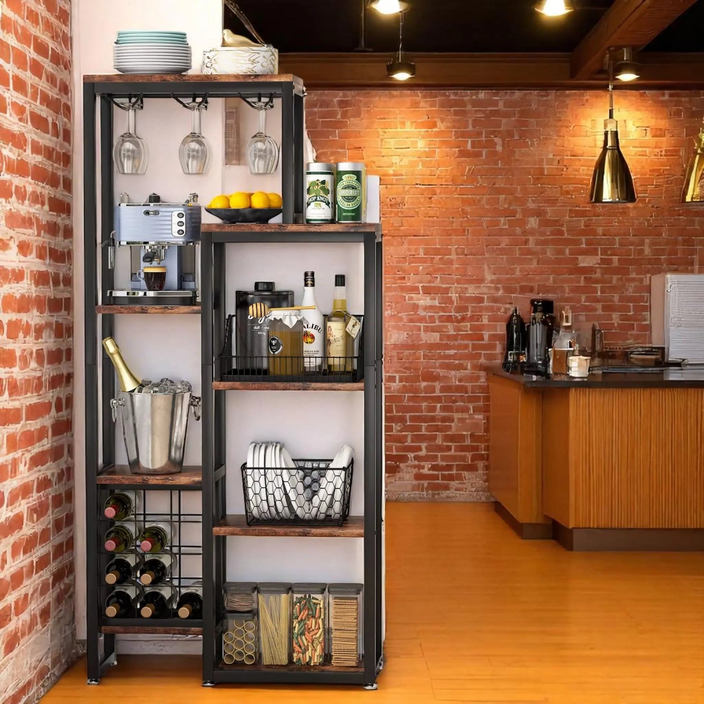 Freestanding Wine Rack with Glass Holder – 5-Tier Industrial Bar Shelf  Geniogoods
