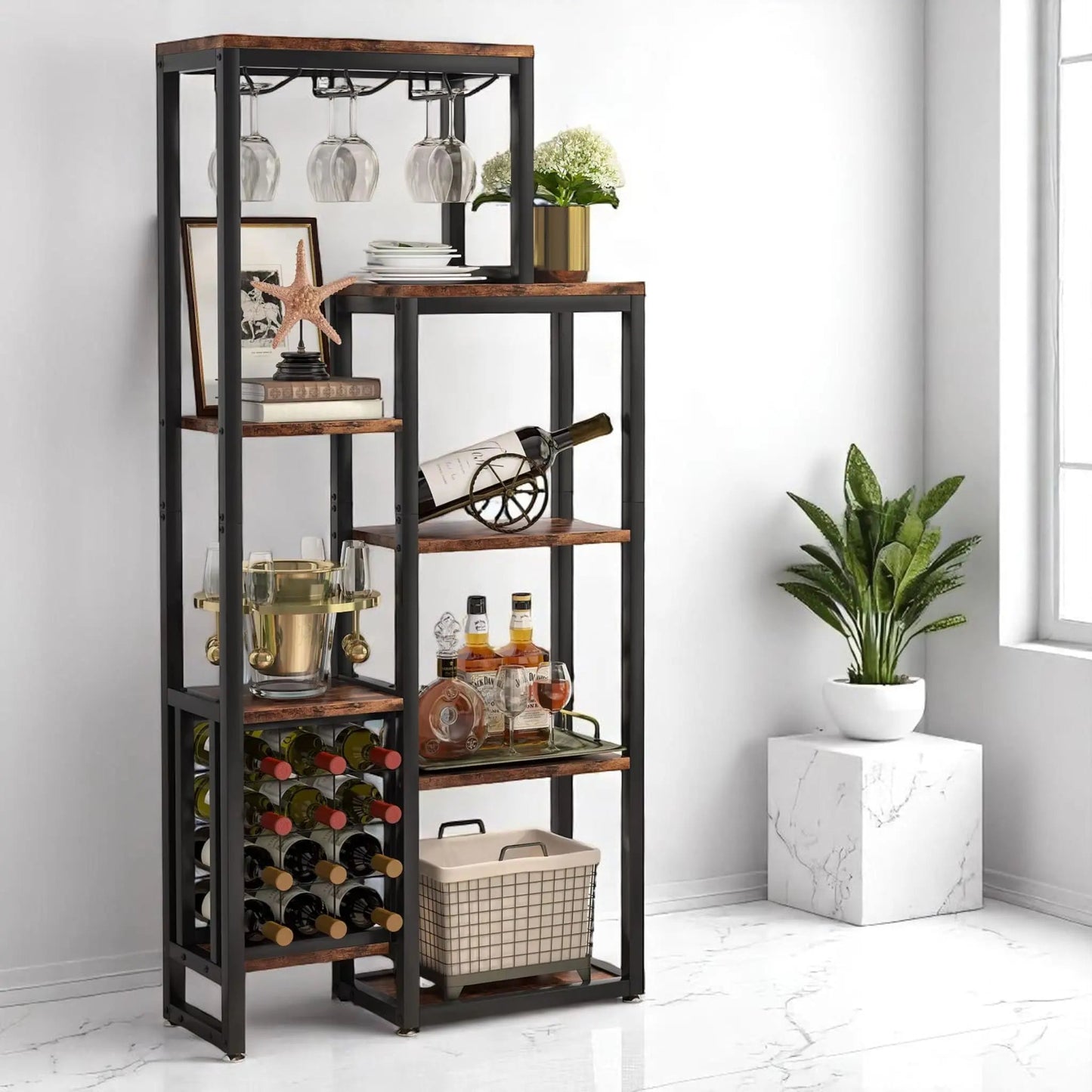 Freestanding Wine Rack with Glass Holder – 5-Tier Industrial Bar Shelf  Geniogoods