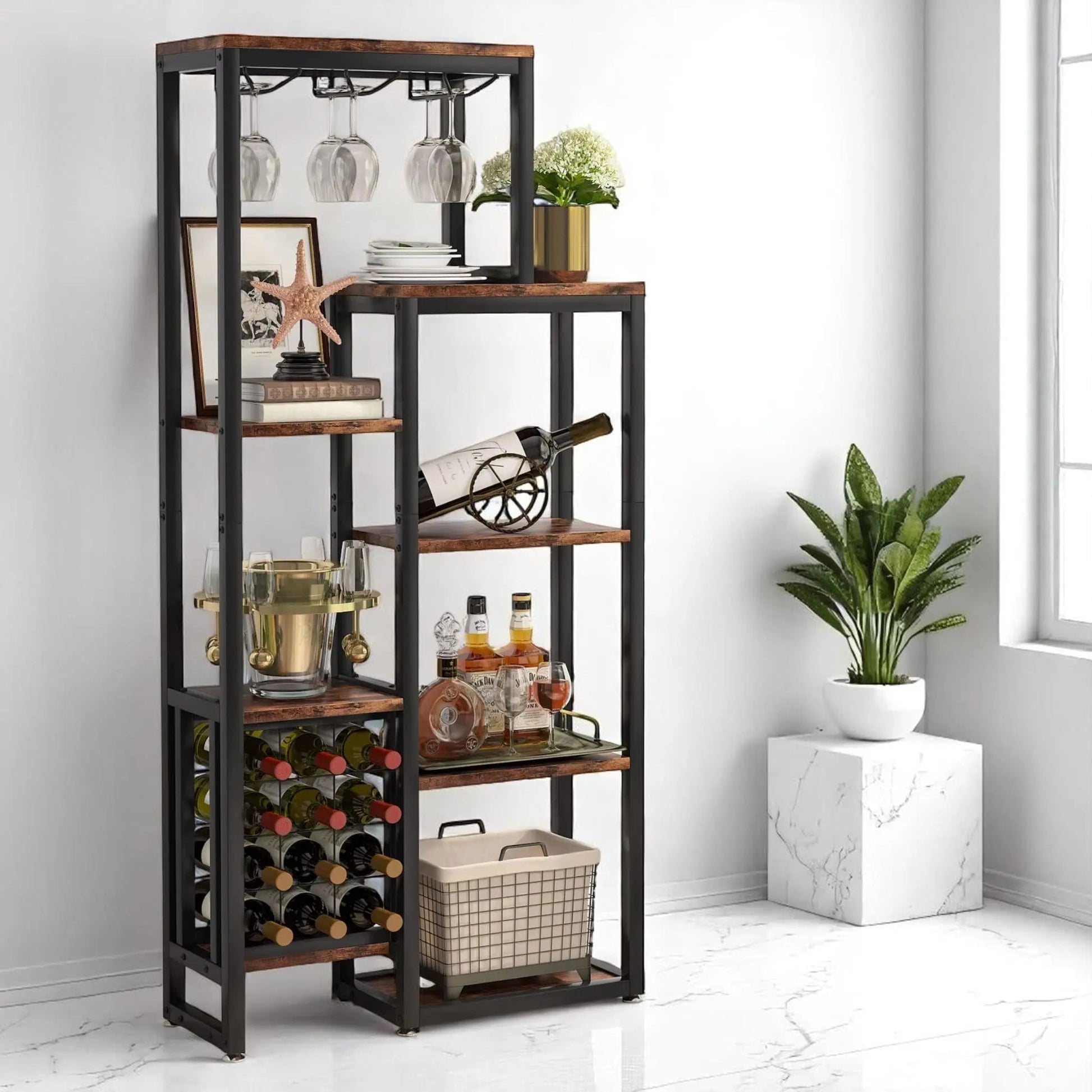 Freestanding Wine Rack with Glass Holder – 5-Tier Industrial Bar Shelf  Geniogoods