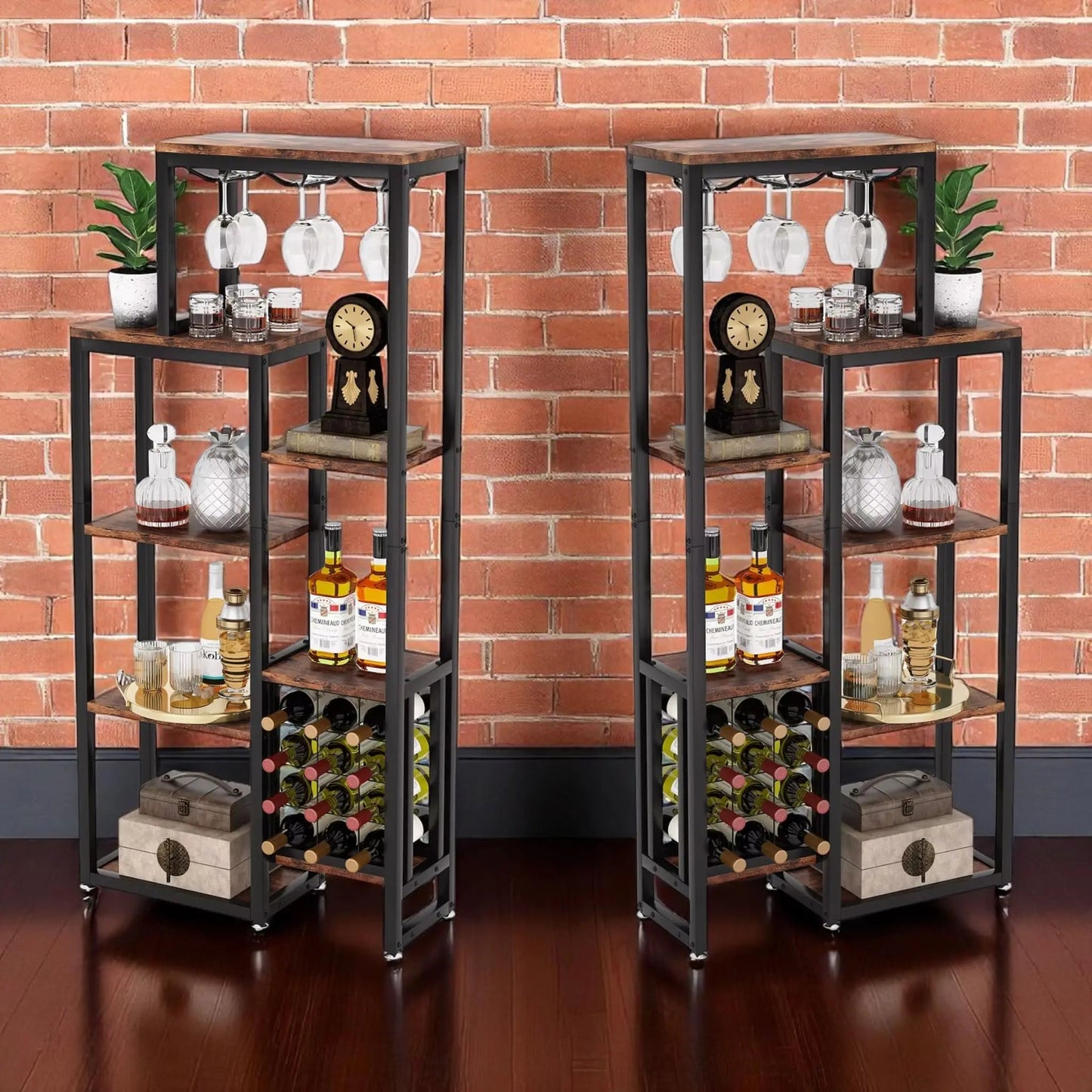 Freestanding Wine Rack with Glass Holder – 5-Tier Industrial Bar Shelf  Geniogoods