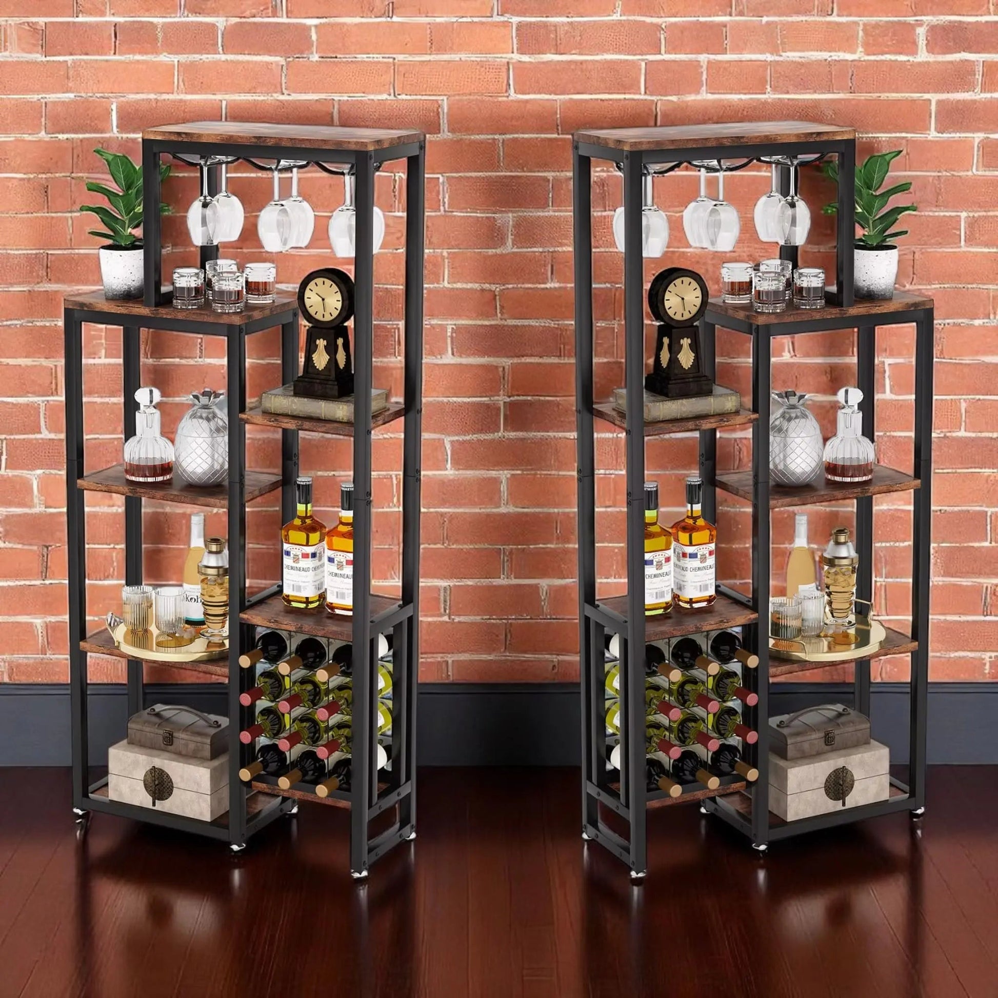 Freestanding Wine Rack with Glass Holder – 5-Tier Industrial Bar Shelf  Geniogoods