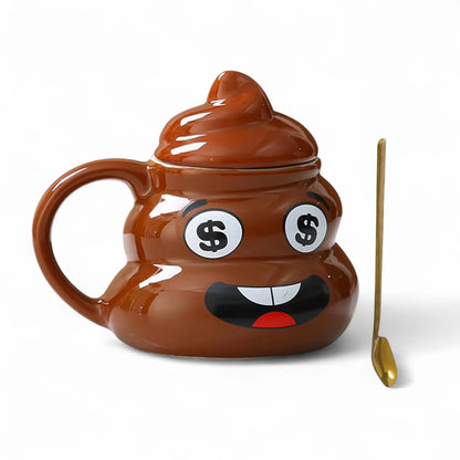 Funny Poop Emoji Mug with Lid & Spoon – Ceramic Cup 480ml Gift  Geniogoods