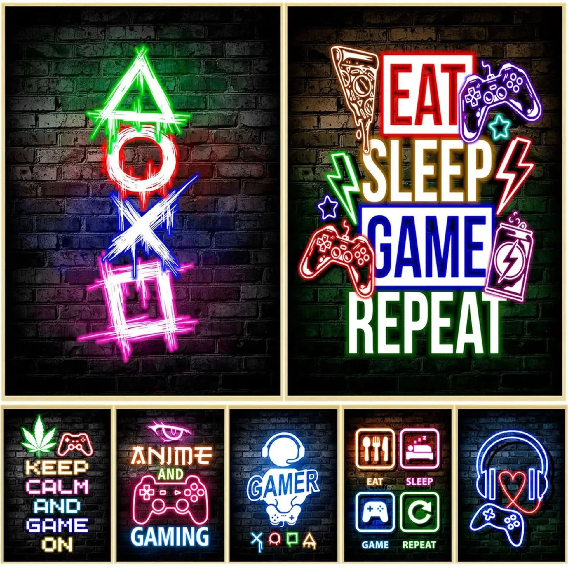 Gaming Neon "Eat Sleep Game Repeat" Canvas Poster Geniogoods