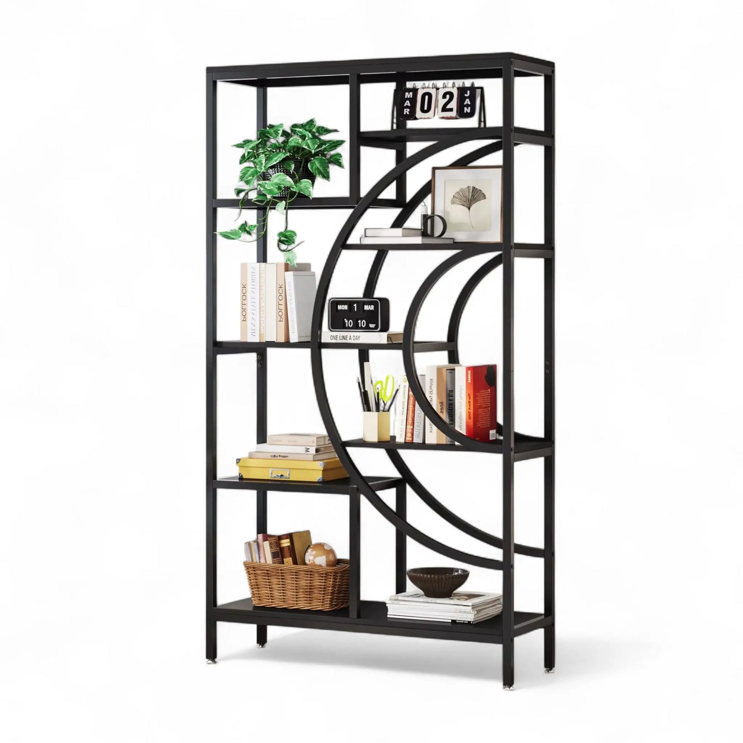 Industrial Geometric Bookshelf – 5 Tier Freestanding Display Shelf  Geniogoods