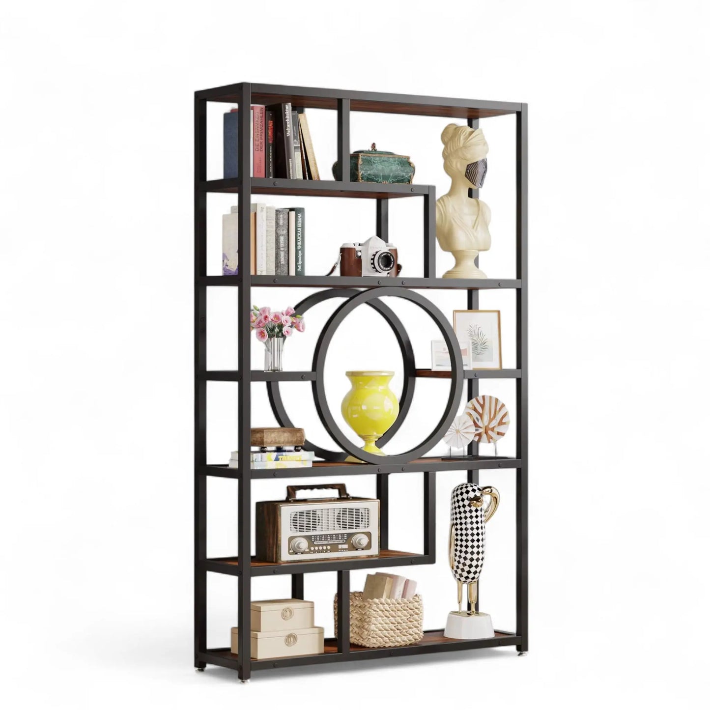 Industrial Geometric Bookshelf – 5 Tier Freestanding Display Shelf  Geniogoods