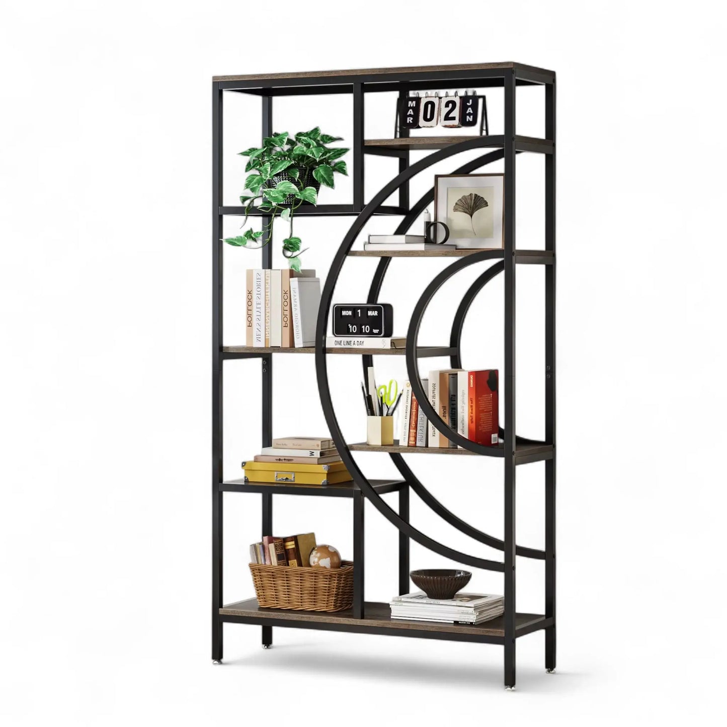 Industrial Geometric Bookshelf – 5 Tier Freestanding Display Shelf  Geniogoods
