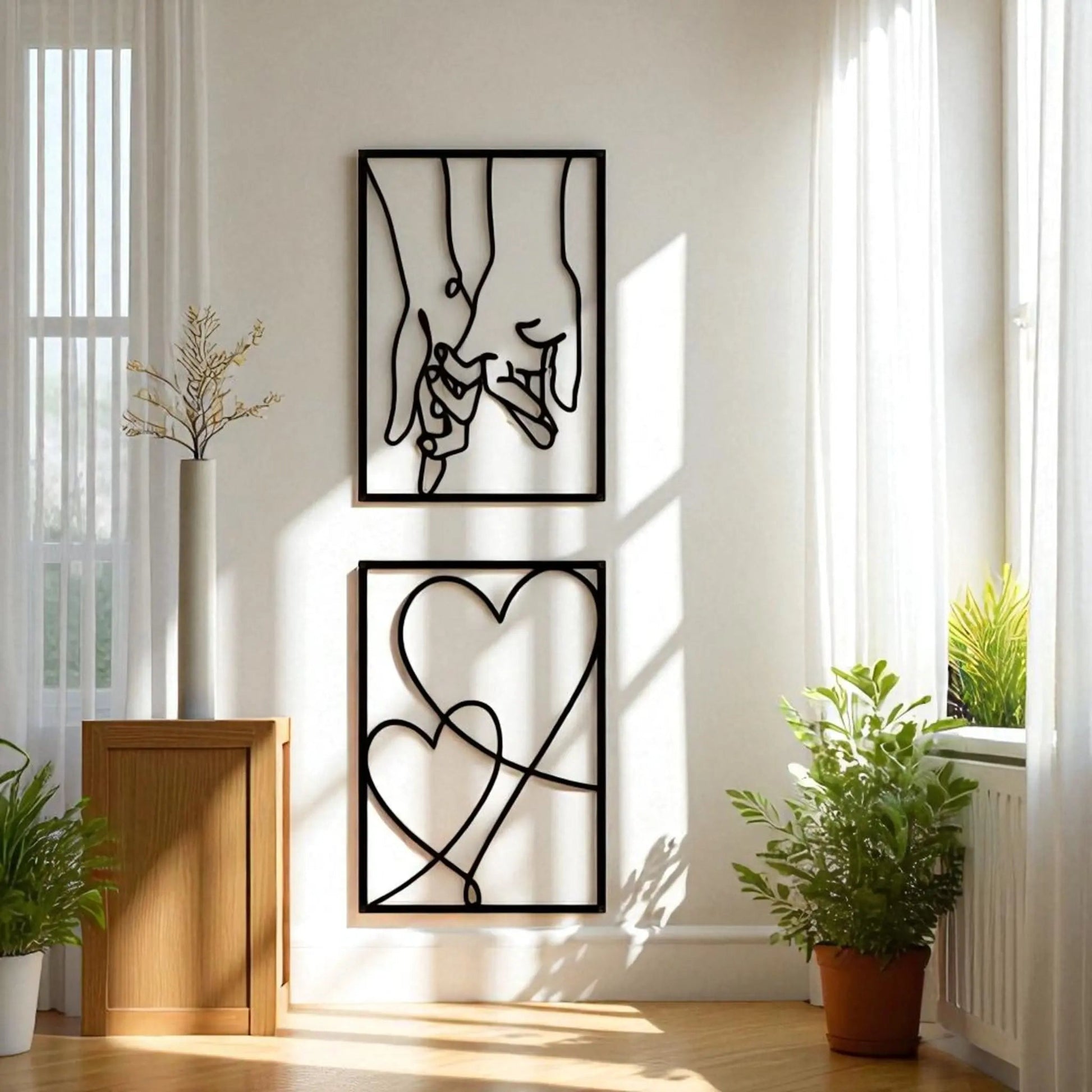 Love line wall art – 3-piece metal minimalist kiss & heart set  Geniogoods