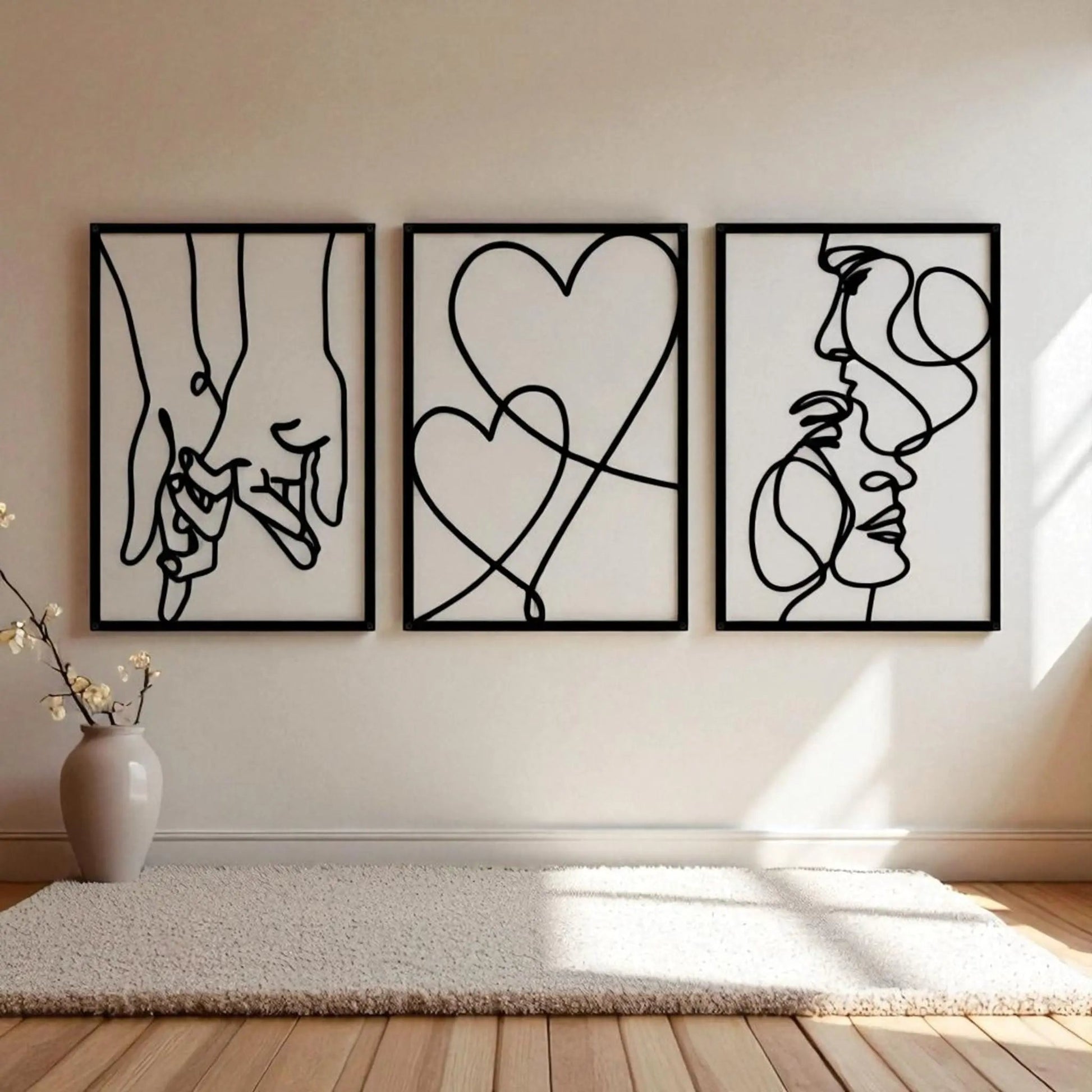 Love line wall art – 3-piece metal minimalist kiss & heart set  Geniogoods