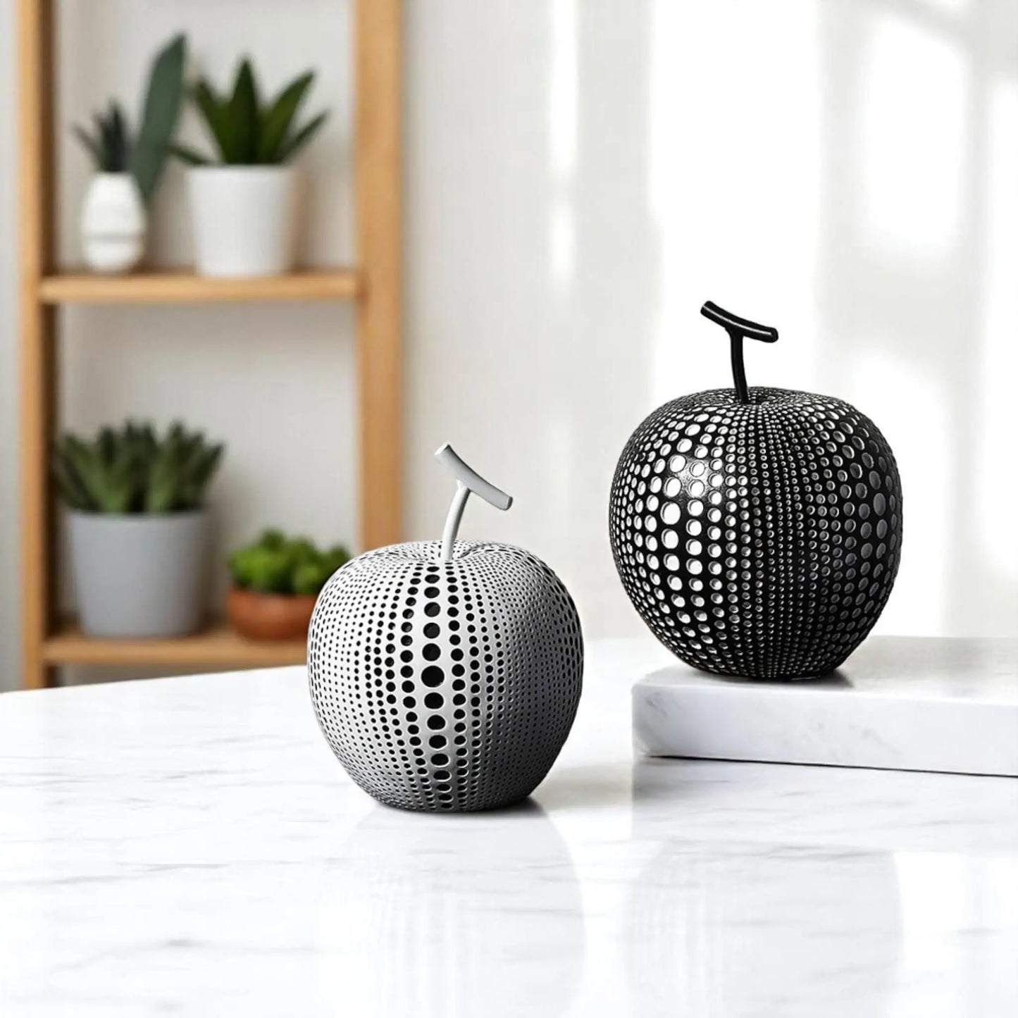 Modern Apple Sculpture Decor – Black & White Polka Dot Accent  Geniogoods