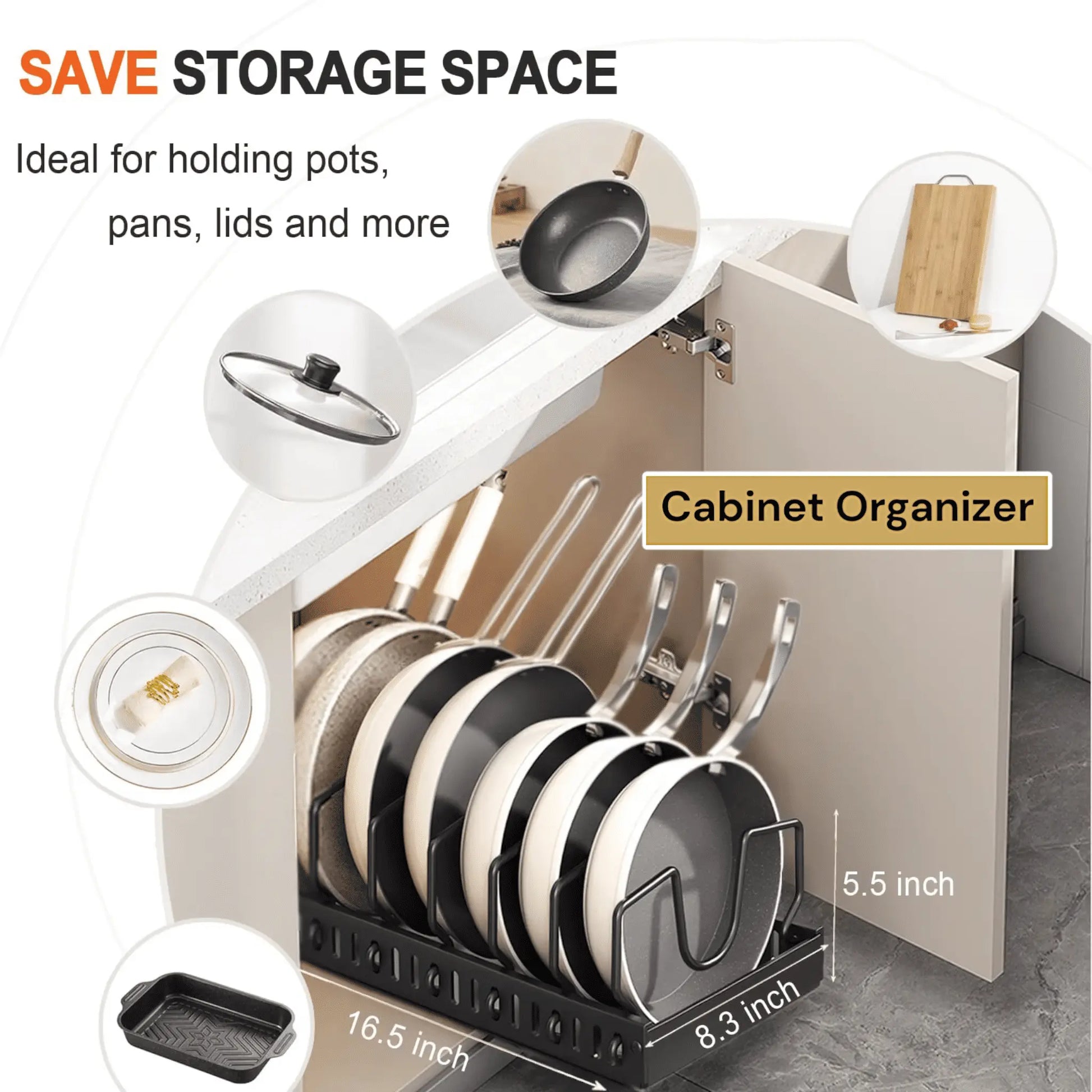 Pots and Pans Organizer – Sliding Cabinet Rack for Kitchen Storage Geniogoods