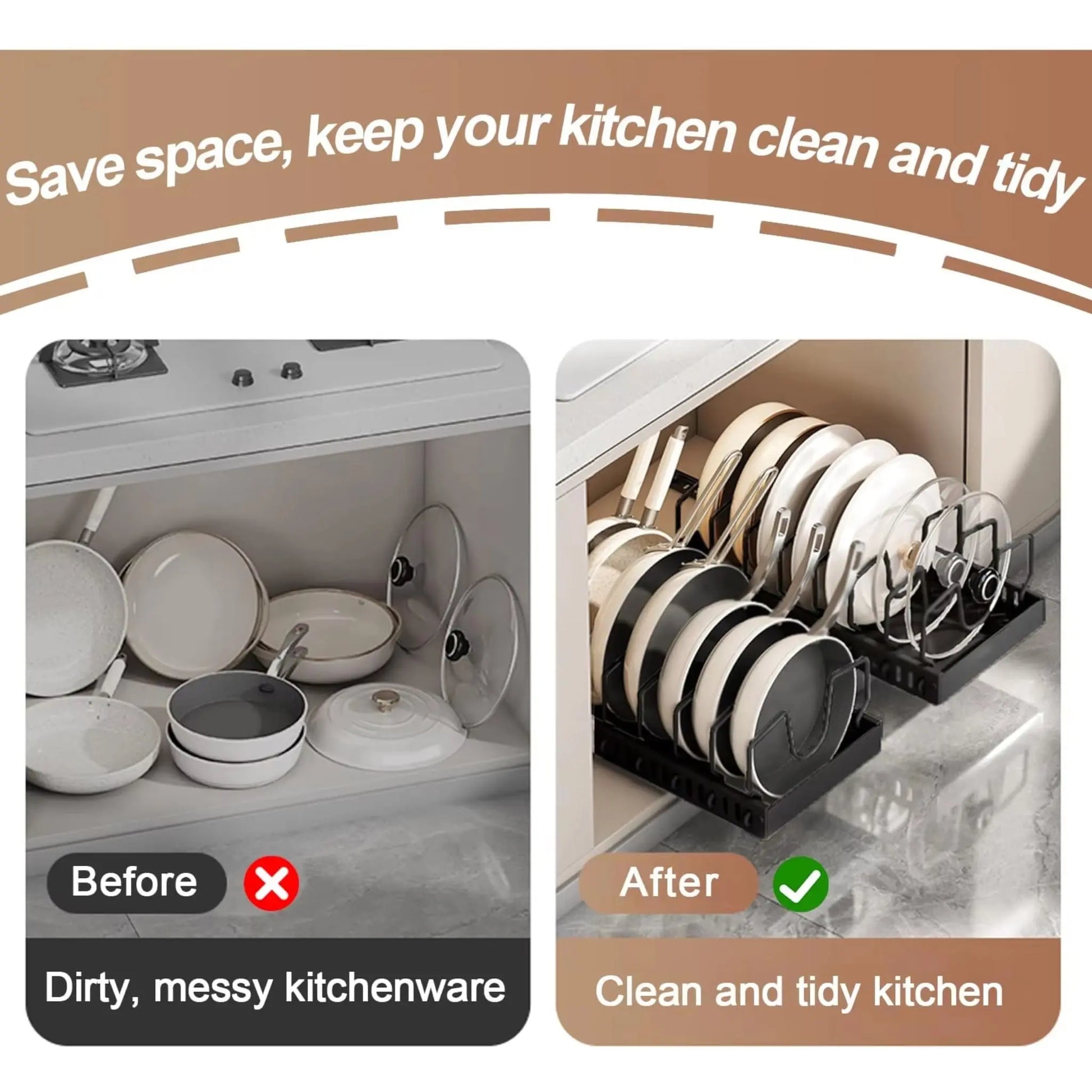 Pots and Pans Organizer – Sliding Cabinet Rack for Kitchen Storage Geniogoods