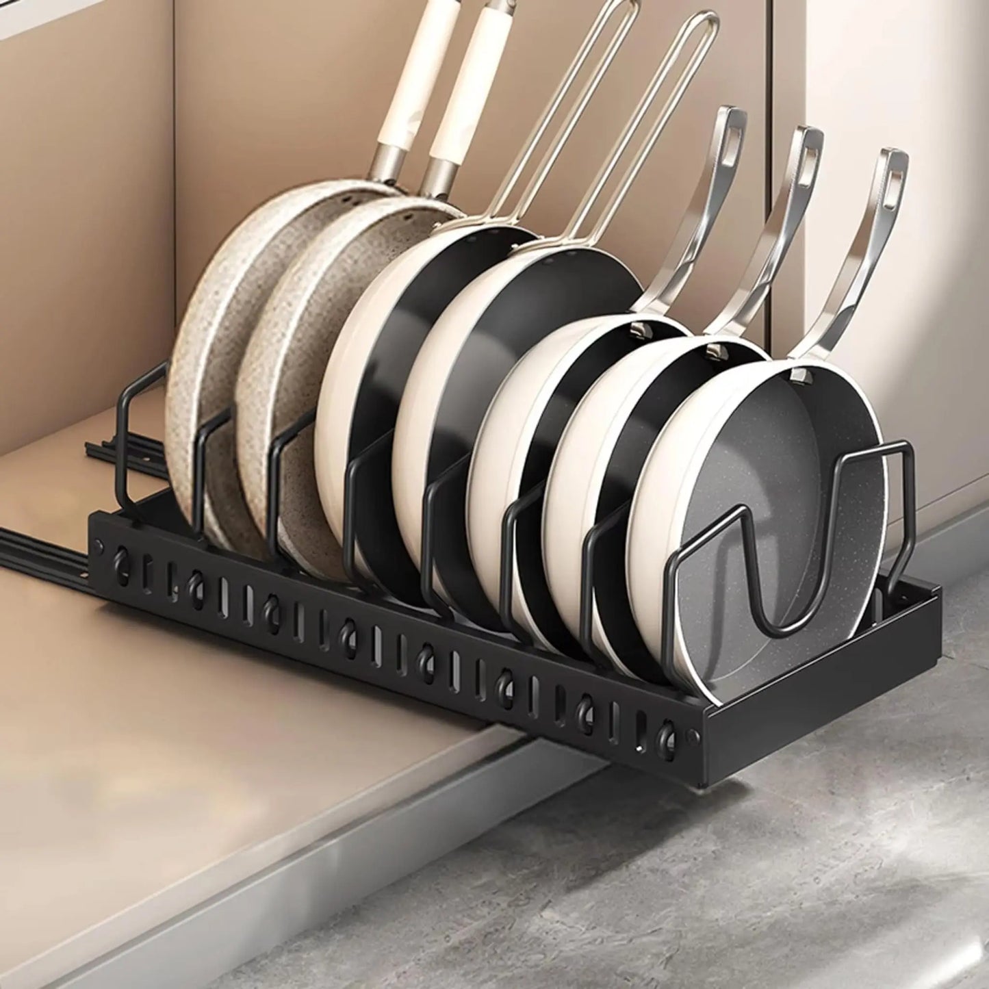 Pots and Pans Organizer – Sliding Cabinet Rack for Kitchen Storage Geniogoods