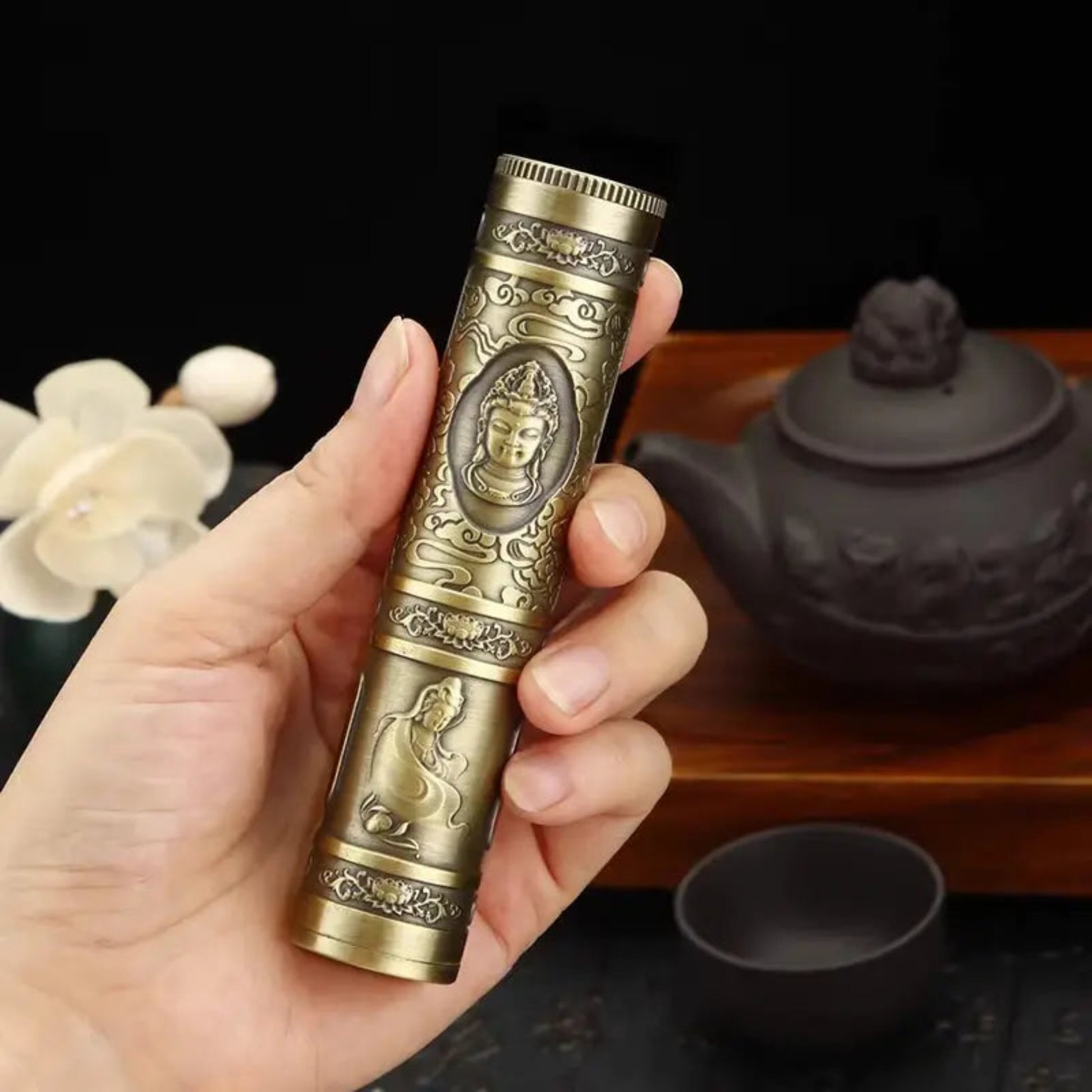 Retro Buddha Metal Incense Case | Portable Zinc Alloy Storage Box