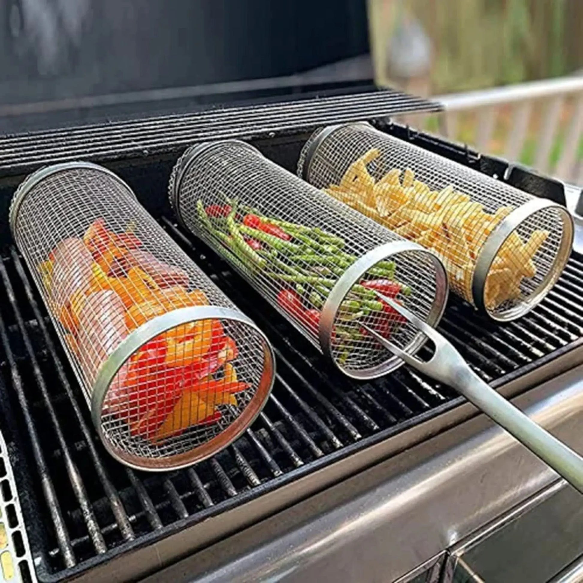 Rolling BBQ Grill Basket – Stainless Steel Mesh for Vegetables & Fish  Geniogoods
