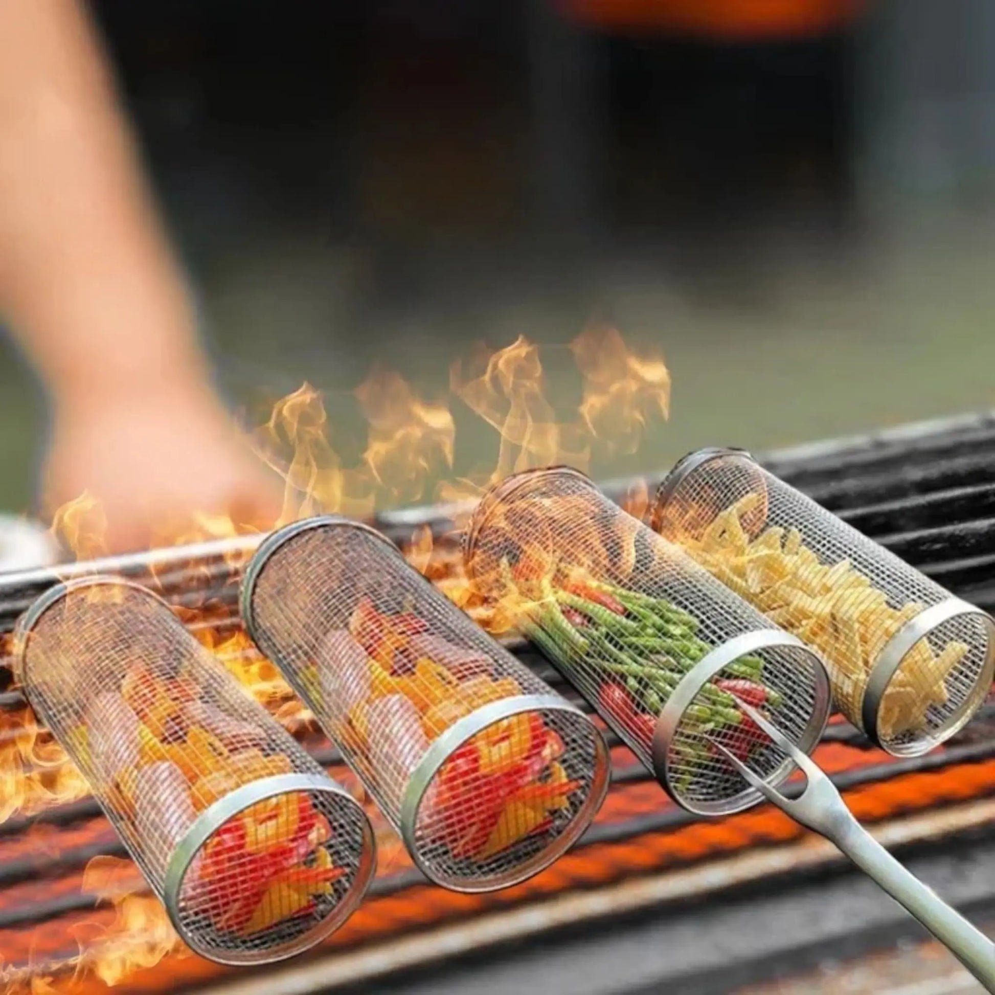 Rolling BBQ Grill Basket – Stainless Steel Mesh for Vegetables & Fish  Geniogoods