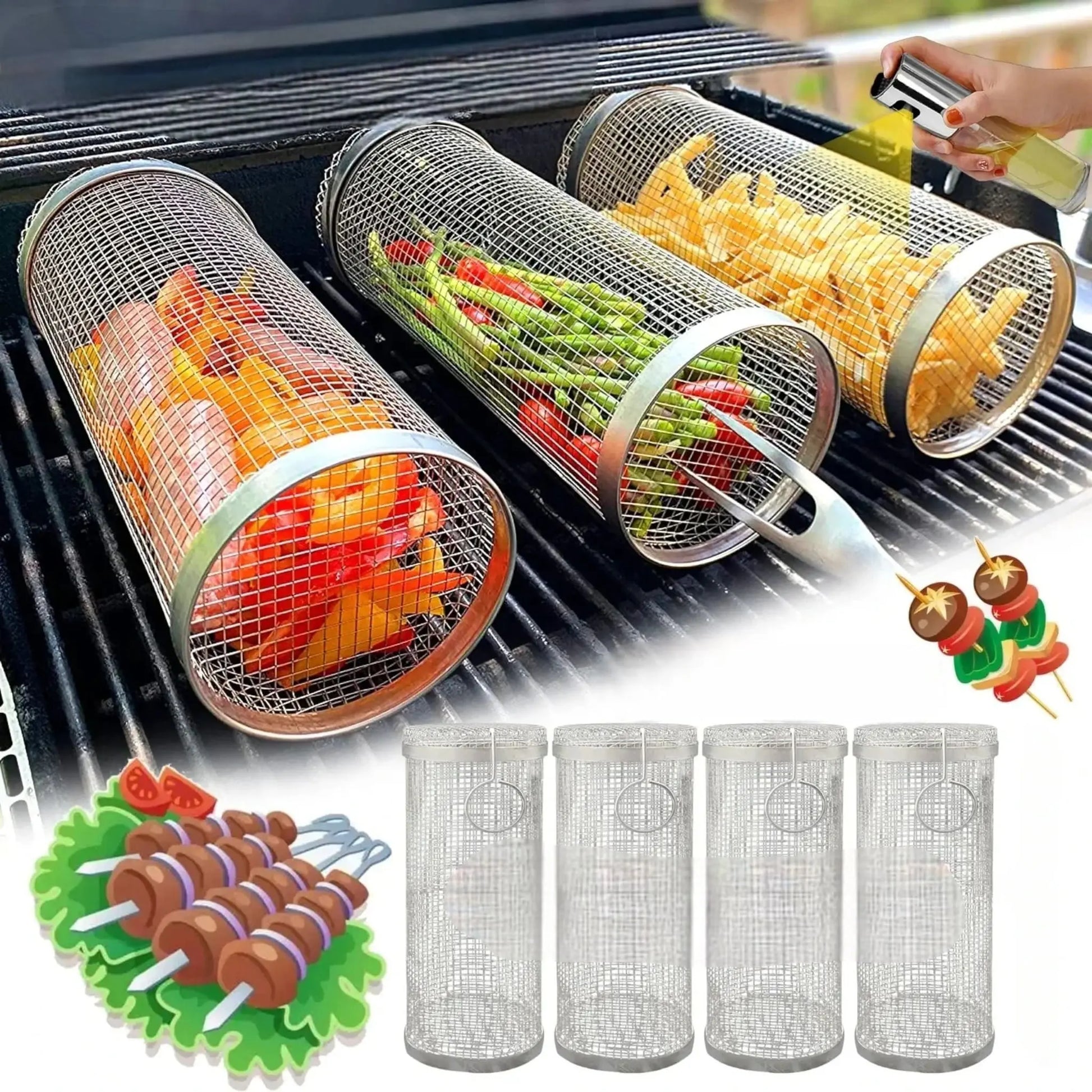 Rolling BBQ Grill Basket – Stainless Steel Mesh for Vegetables & Fish  Geniogoods