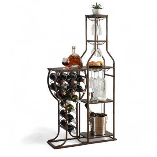 Small Floor Wine Rack with Glass Holder – 5-Tier Rustic Wine Shelf  Geniogoods