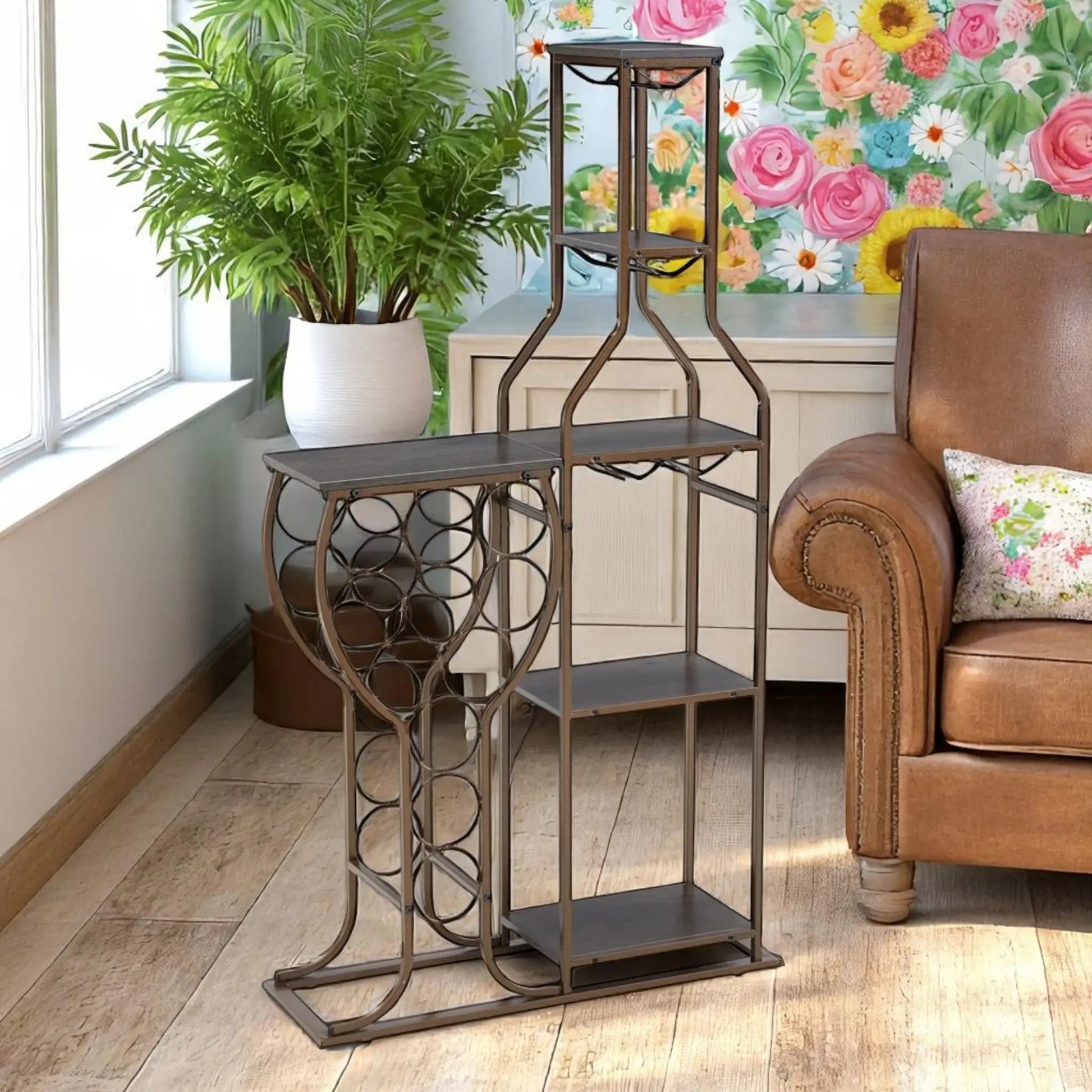 Small Floor Wine Rack with Glass Holder – 5-Tier Rustic Wine Shelf  Geniogoods