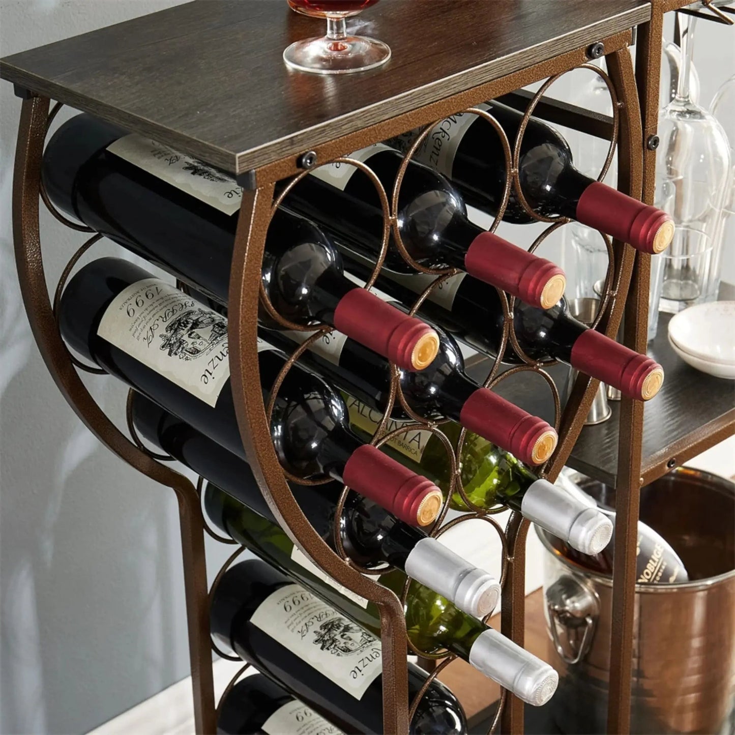 Small Floor Wine Rack with Glass Holder – 5-Tier Rustic Wine Shelf  Geniogoods