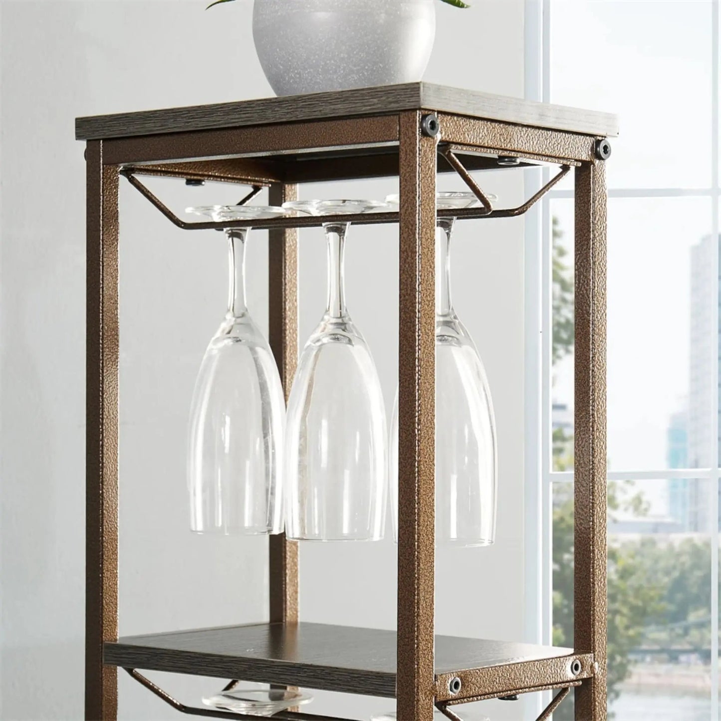 Small Floor Wine Rack with Glass Holder – 5-Tier Rustic Wine Shelf  Geniogoods