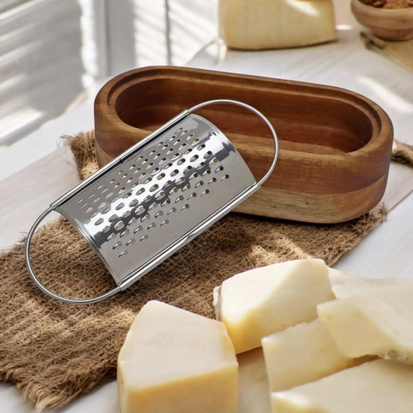 Stainless Steel Cheese Grater with Acacia Wood Collector – Durable & Stylish Geniogoods