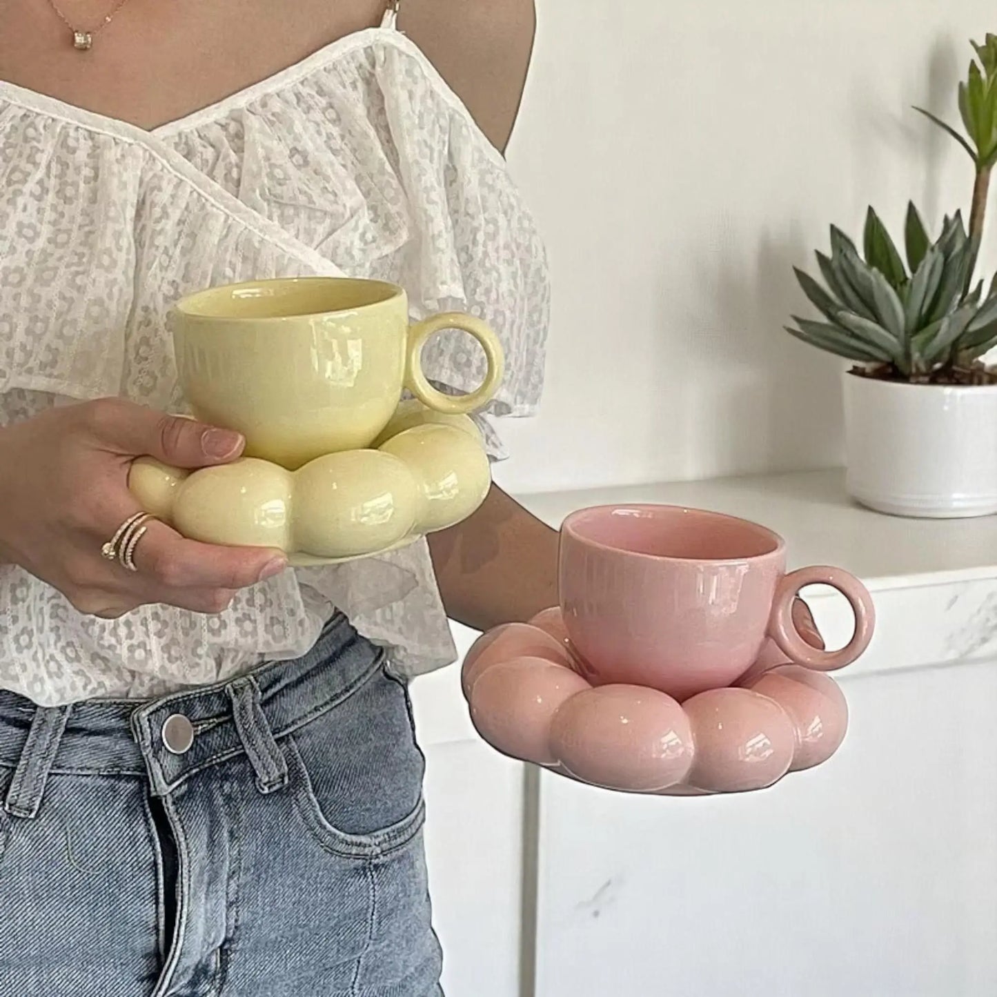 Sunflower Cloud Mug – Aesthetic Ceramic Cup & Saucer Set for Home & Office  Geniogoods