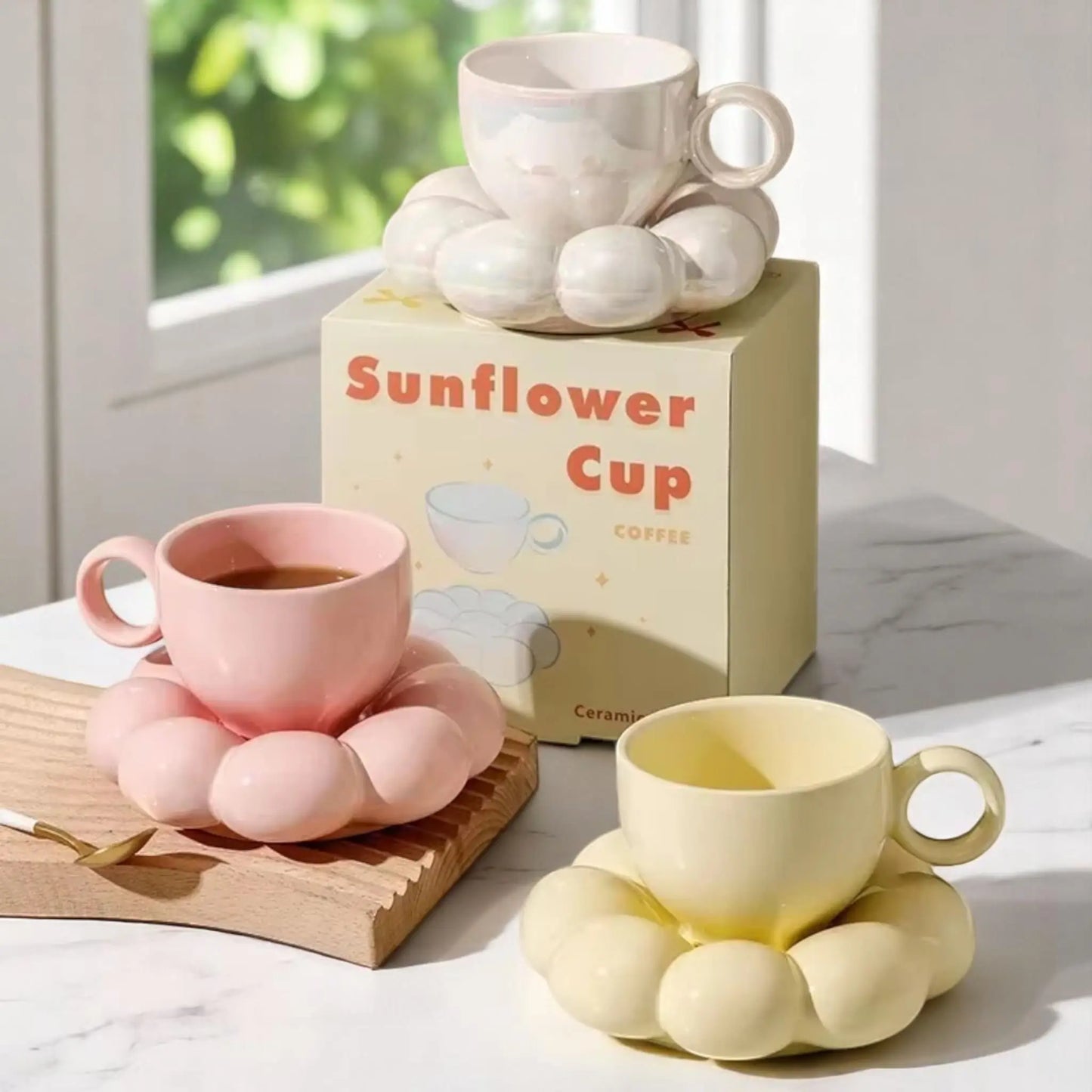 Sunflower Cloud Mug – Aesthetic Ceramic Cup & Saucer Set for Home & Office  Geniogoods