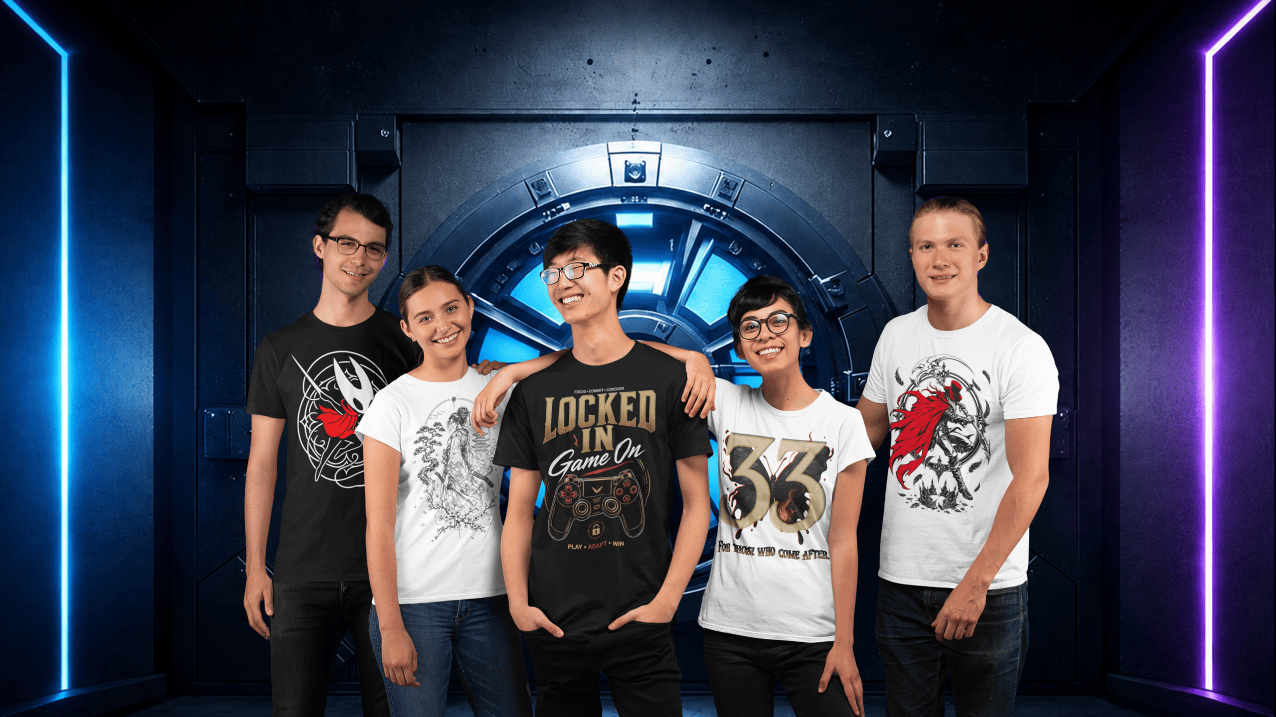 Group of models wearing GenioGoods gamer apparel T-shirts in a futuristic blue and orange gaming studio.