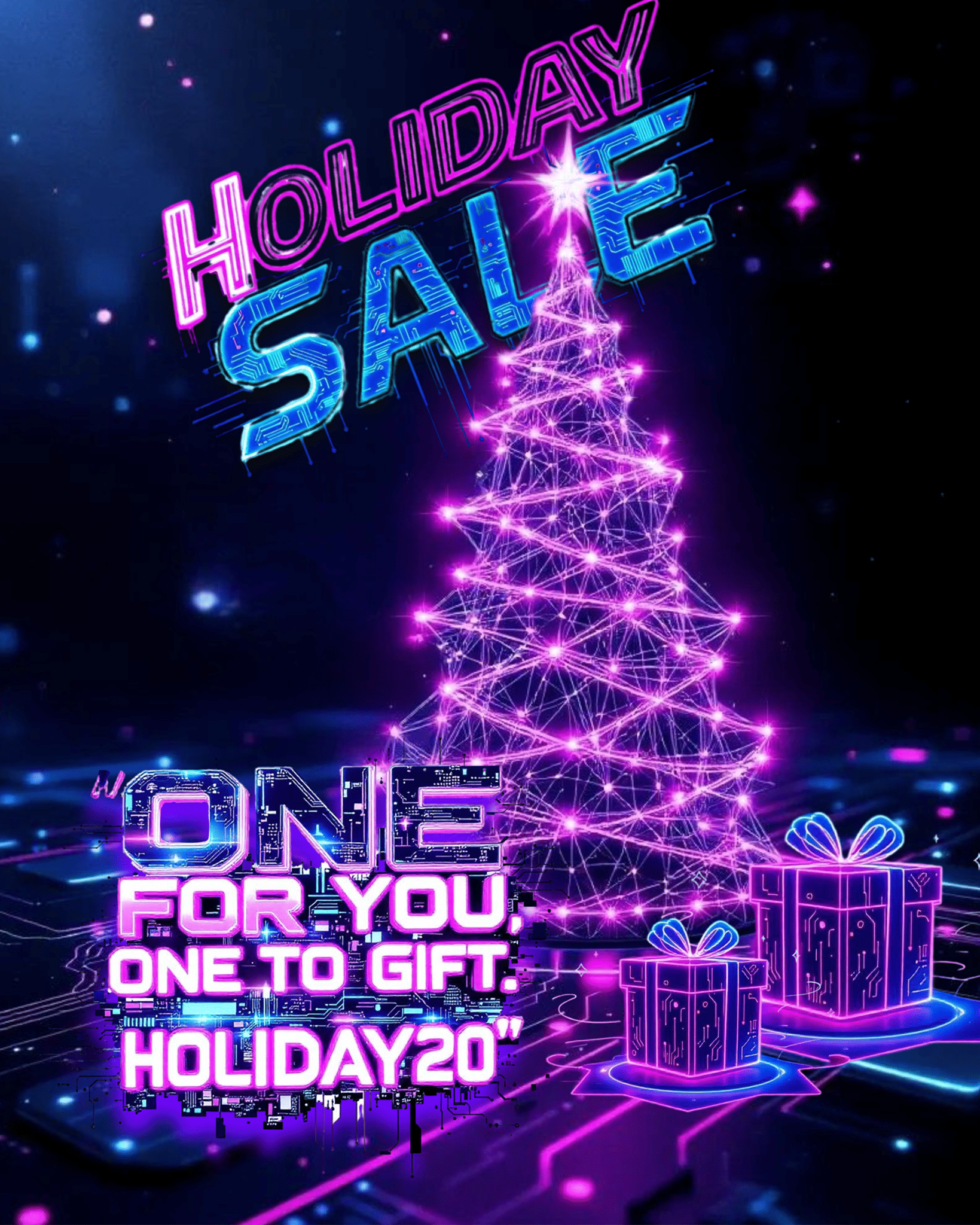 Neon Christmas tree and presents with 'Holiday Sale' text on a dark background