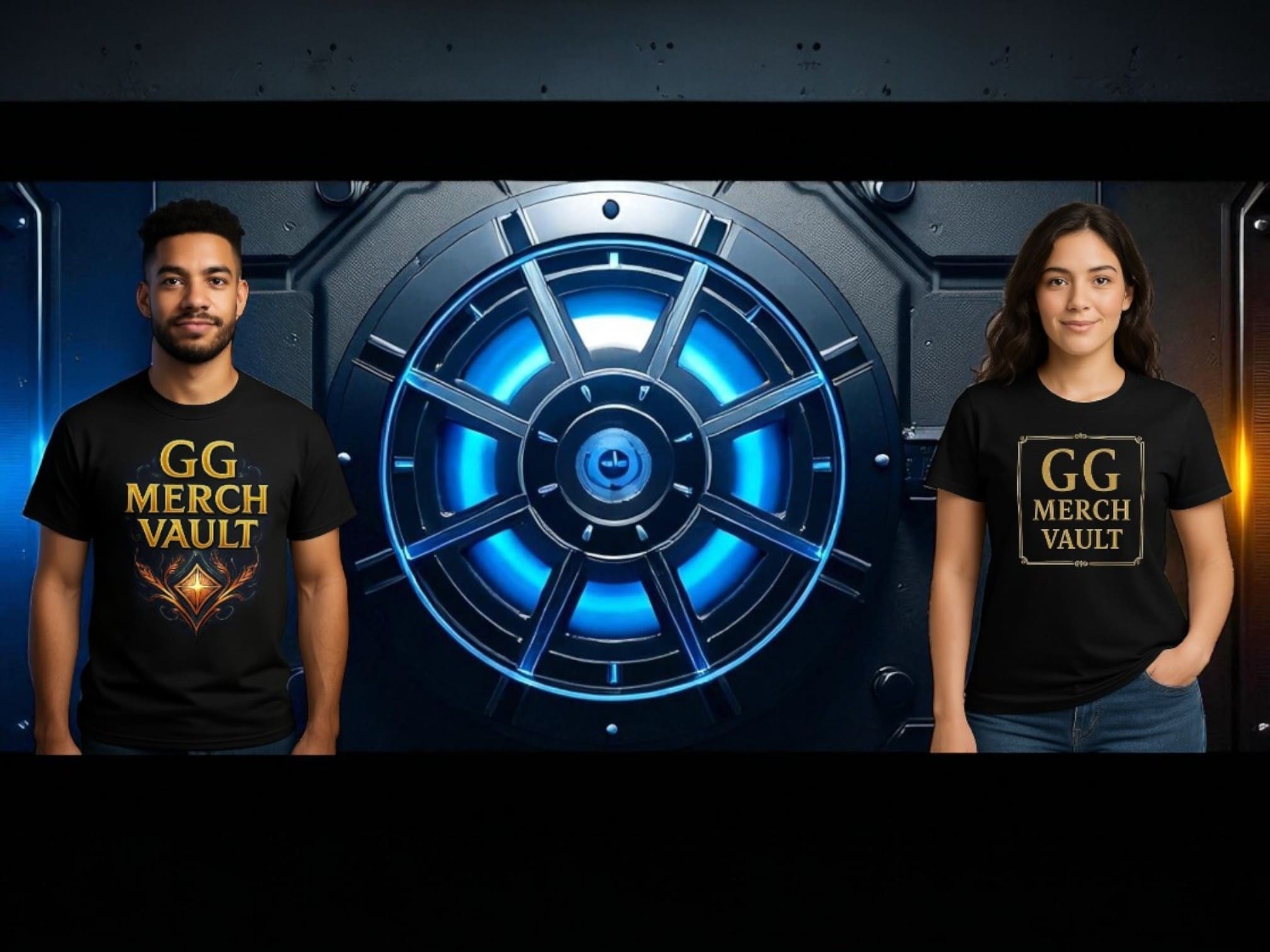 Two people wearing 'GG Merch Vault' t-shirts in front of a digital vault background.